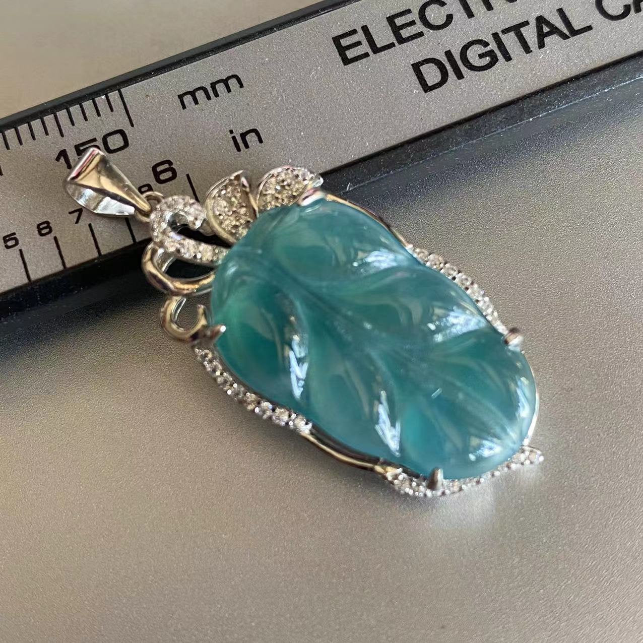 Natural Guatemalan jadeite Translucent Green Blue Grade A jade Leaf pendant 925 Sterling Silver button bail necklace jade Jewelry jade gift