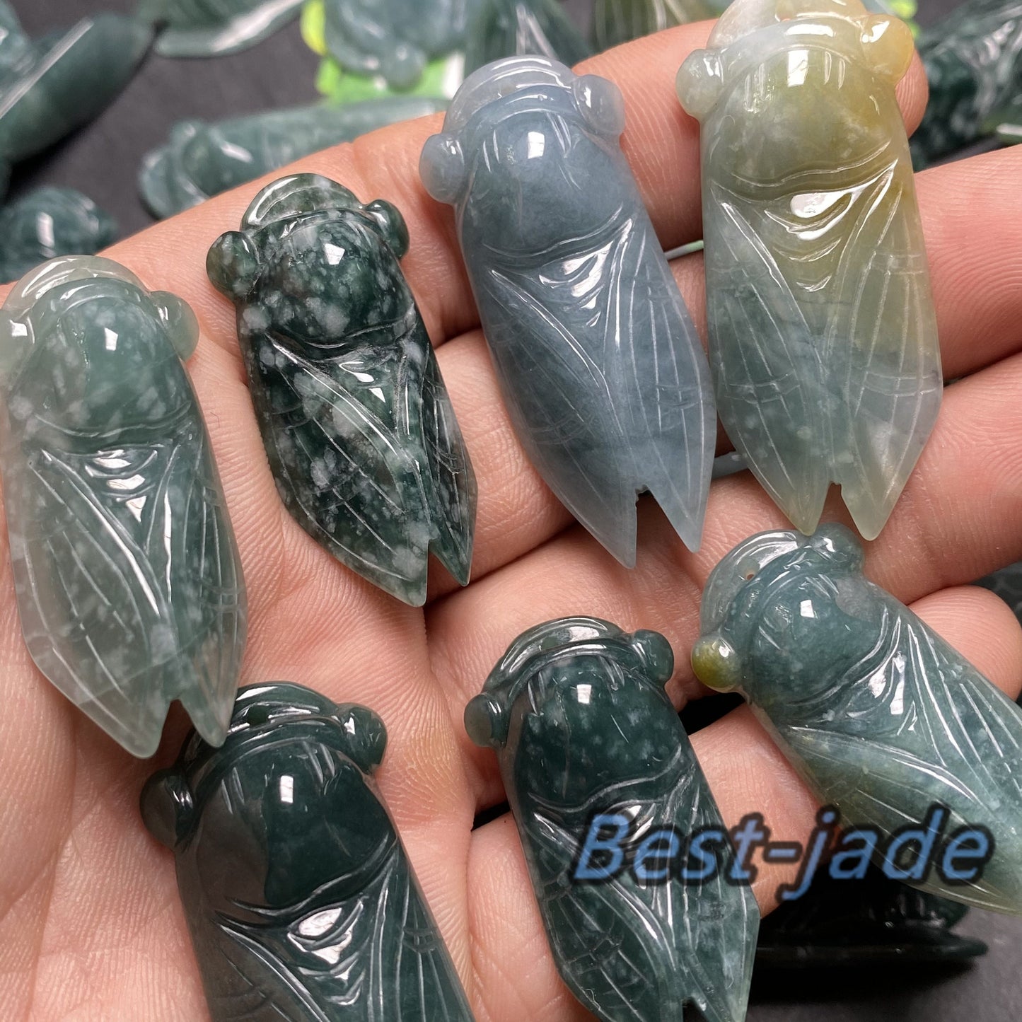 Natürlicher guatemaltekischer Jadeit, hell durchscheinend, blau, Grade A Jade, Cicada-Anhänger, Ohrringe, Perlen, Guatemala-Jade, Geschenk