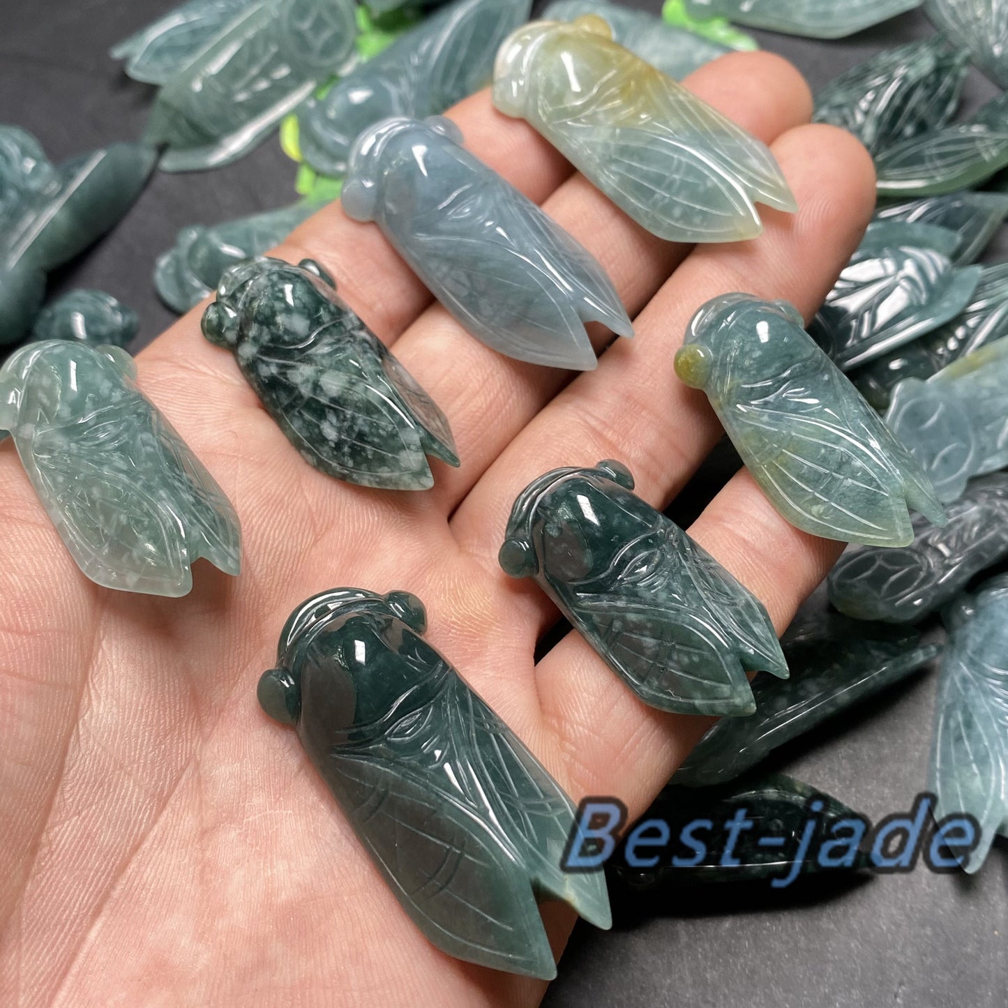 Natürlicher guatemaltekischer Jadeit, hell durchscheinend, blau, Grade A Jade, Cicada-Anhänger, Ohrringe, Perlen, Guatemala-Jade, Geschenk