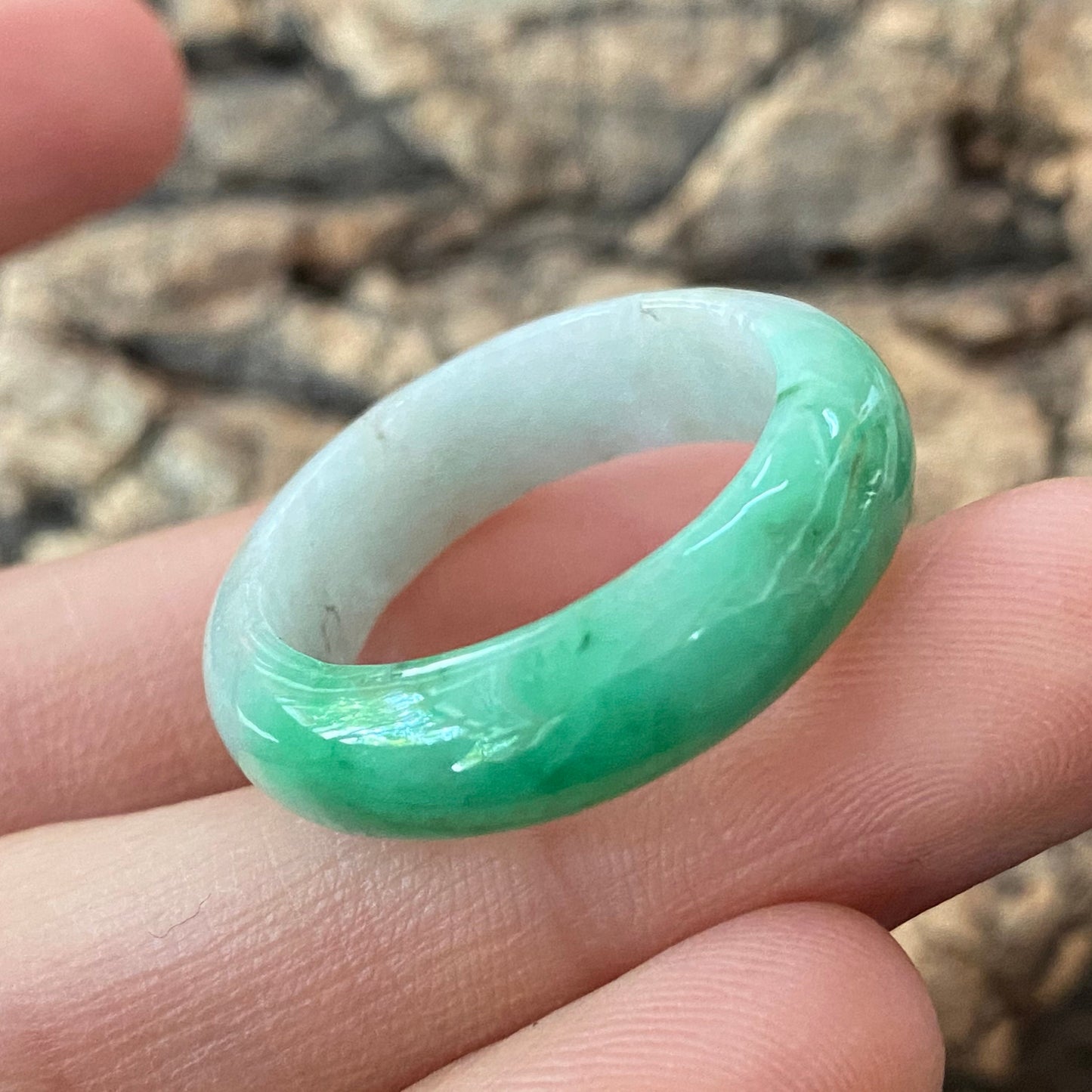 20.1mm Natural green Grade A jade Narrow Band Ring Natural Real Jadeite Hand carved bead gemstone Burma Lady jadeware rings Type A stone