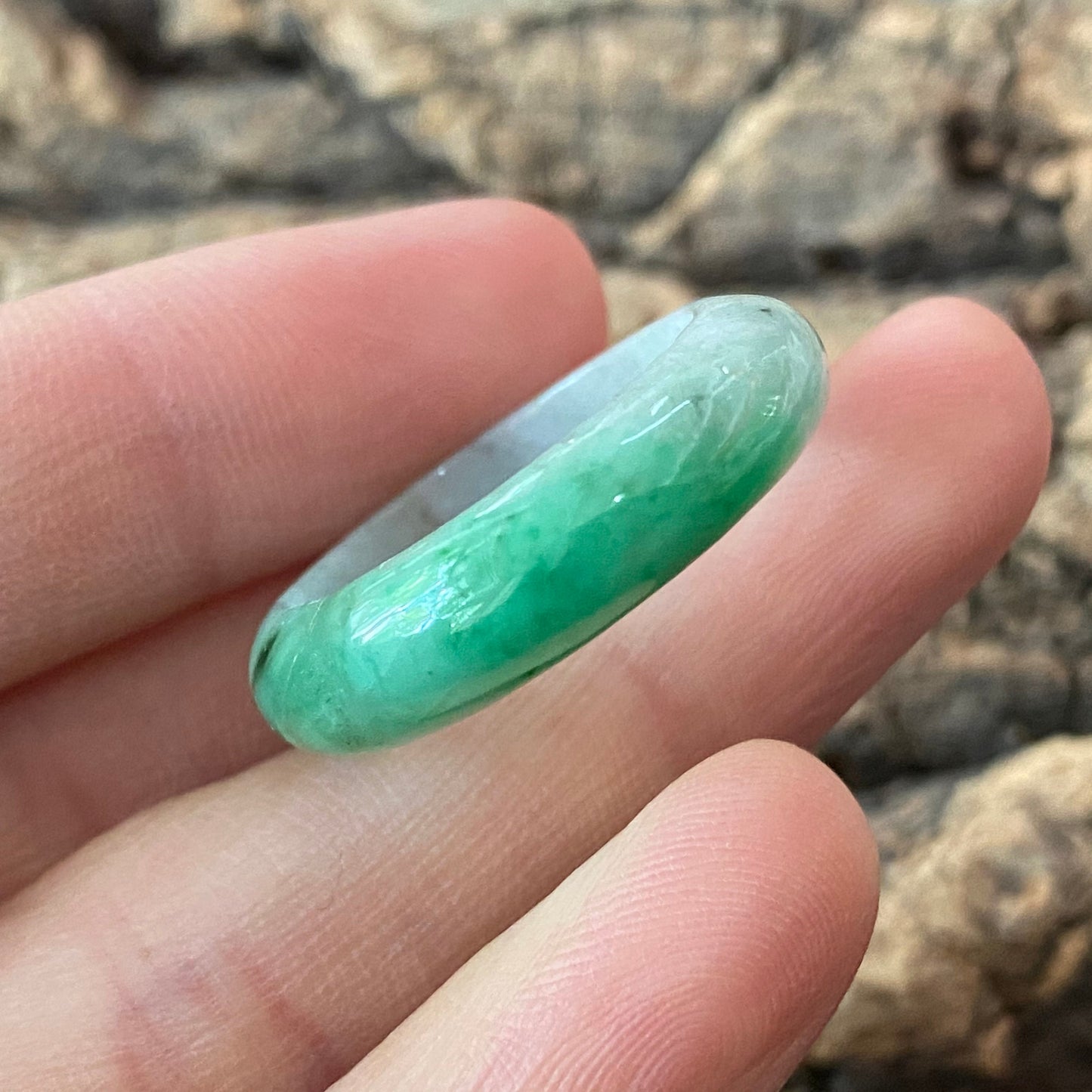 20.1mm Natural green Grade A jade Narrow Band Ring Natural Real Jadeite Hand carved bead gemstone Burma Lady jadeware rings Type A stone