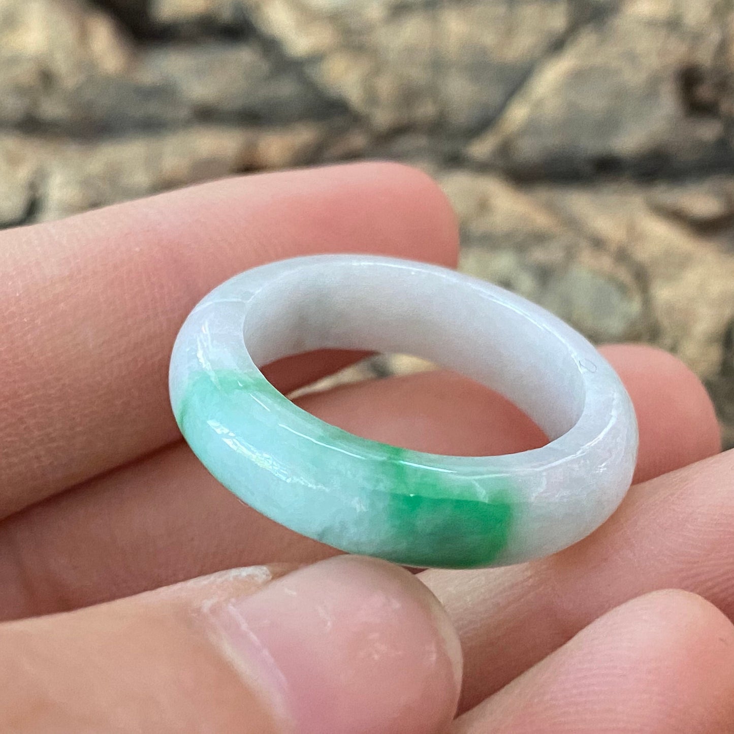 19.2mm Natural green Grade A jade Narrow Band Ring Natural Real Jadeite Hand carved bead gemstone Burma Lady jadeware rings Type A stone