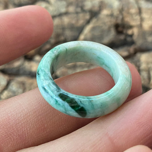 16.8mm Natural green Grade A jade Narrow Band Ring Natural Real Jadeite Hand carved bead gemstone Burma Lady jadeware rings Type A stone