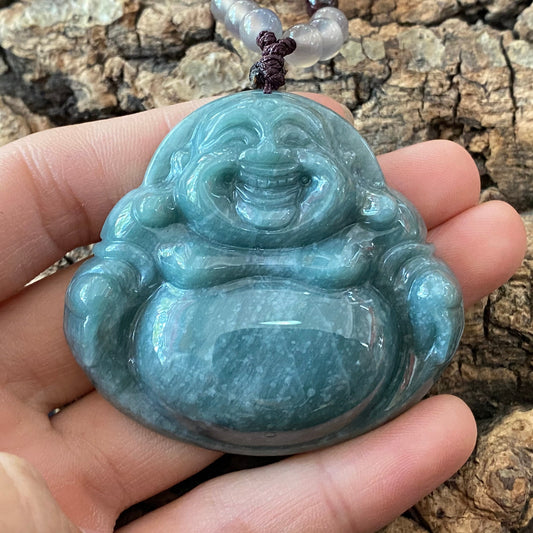 Natural Guatemalan jadeite Translucent Blue Grade A jade Guan yin Buddha pendant necklace jade bead 弥勒佛