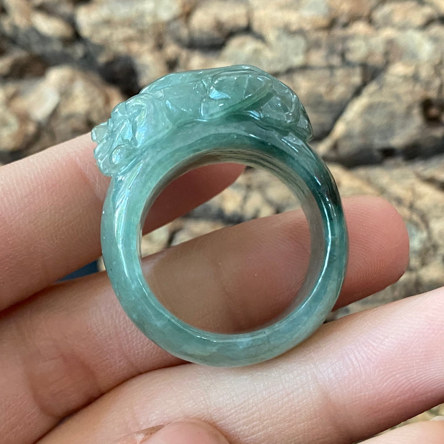 20.2mm Pixiu Natural transparent Green Jadeite wide rings Grade A Jade Burma jade gemstone men dragon jadeite ring