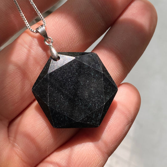 Natural Black Jadeite cutting hexagon shape jewelry with s925 sliver bail Guatemalan jadeite  Grade A jade DIY pendant kid jade gift