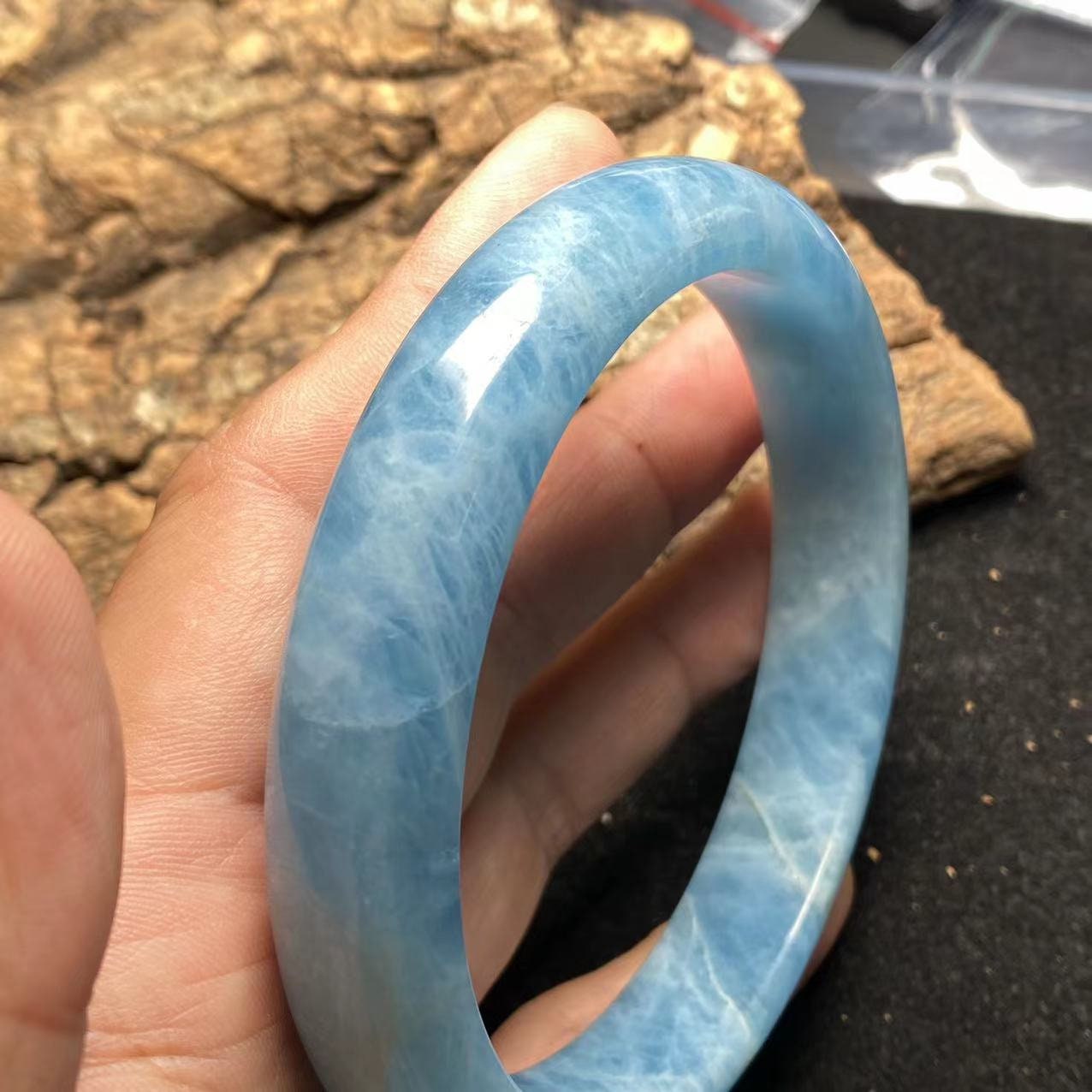 Huge 76.9mm Natural Solid Aquamarine Bangle Blue Quartz Crystal Gemstone Round Bracelet Bridal Bridesmaid Gifts Wedding Gifts Jewerly jade