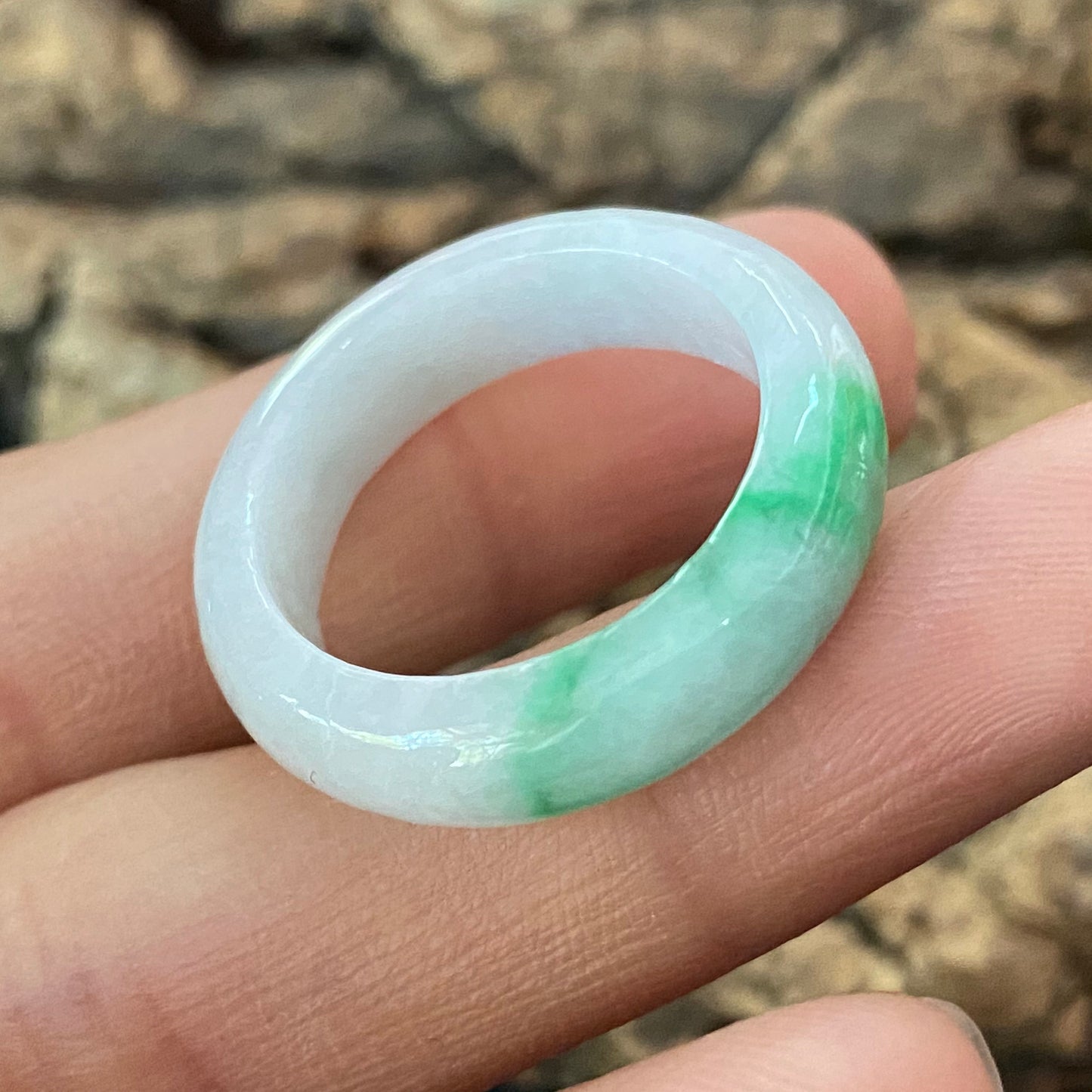 19.2mm Natural green Grade A jade Narrow Band Ring Natural Real Jadeite Hand carved bead gemstone Burma Lady jadeware rings Type A stone