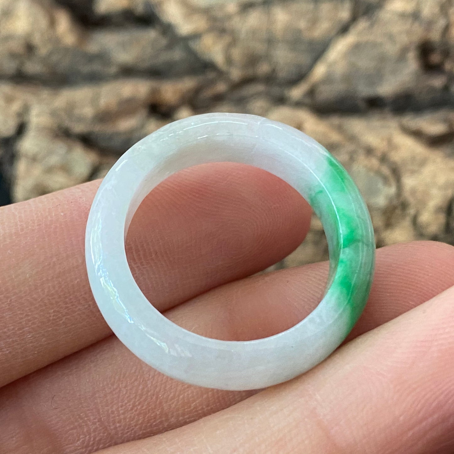 19.2mm Natural green Grade A jade Narrow Band Ring Natural Real Jadeite Hand carved bead gemstone Burma Lady jadeware rings Type A stone