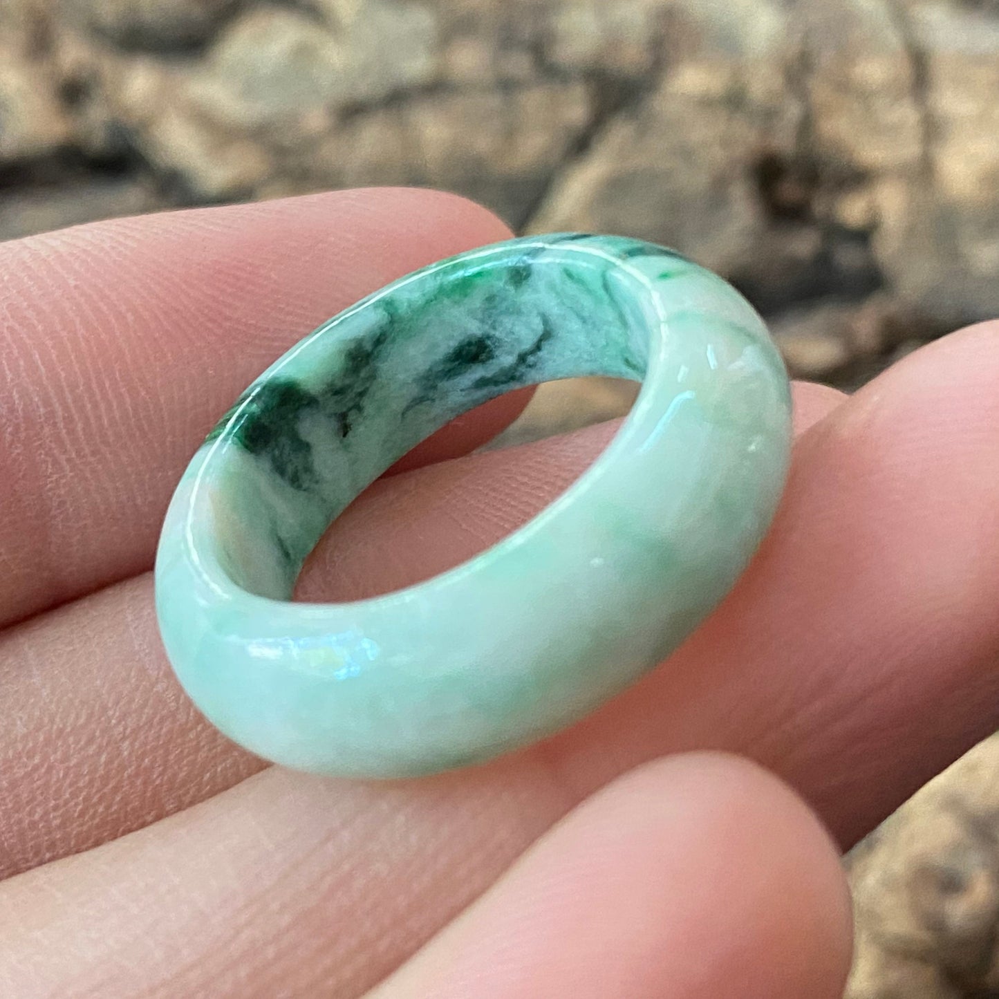 16.8mm Natural green Grade A jade Narrow Band Ring Natural Real Jadeite Hand carved bead gemstone Burma Lady jadeware rings Type A stone