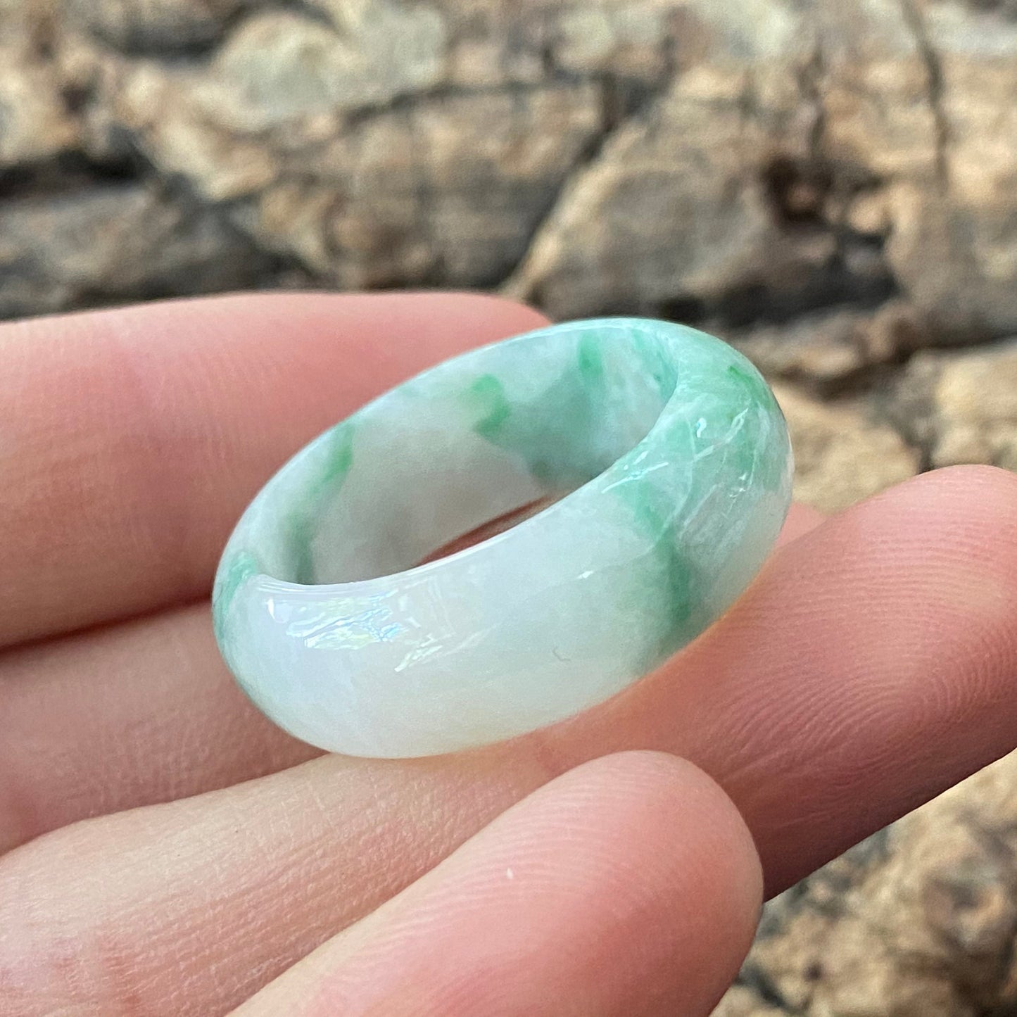 20.1mm Natural green Grade A jade Narrow Band Ring Natural Real Jadeite Hand carved bead gemstone Burma Lady jadeware rings Type A stone