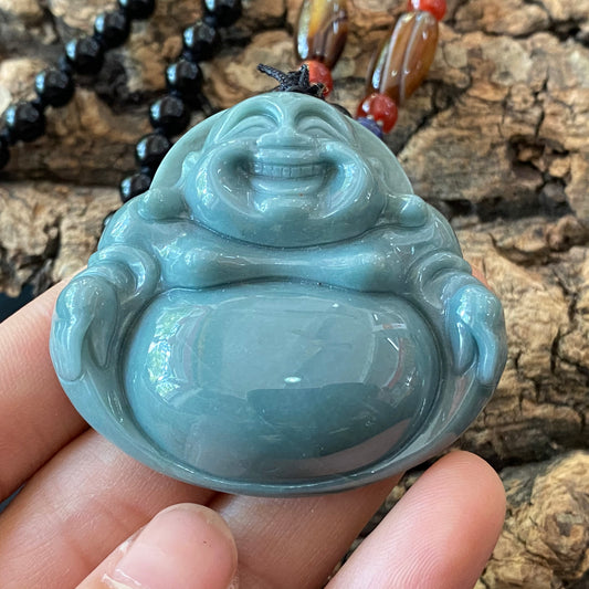 Natural Guatemalan jadeite Translucent Blue Grade A jade Guan yin Buddha pendant necklace jade bead 弥勒佛