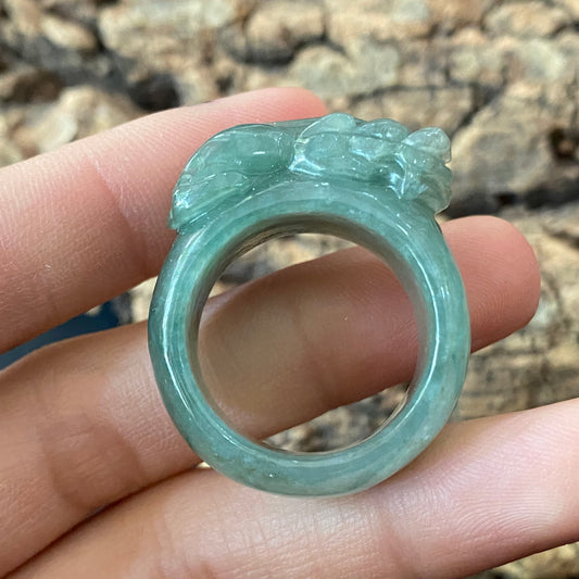 20.2mm Pixiu Natural transparent Green Jadeite wide rings Grade A Jade Burma jade gemstone men dragon jadeite ring