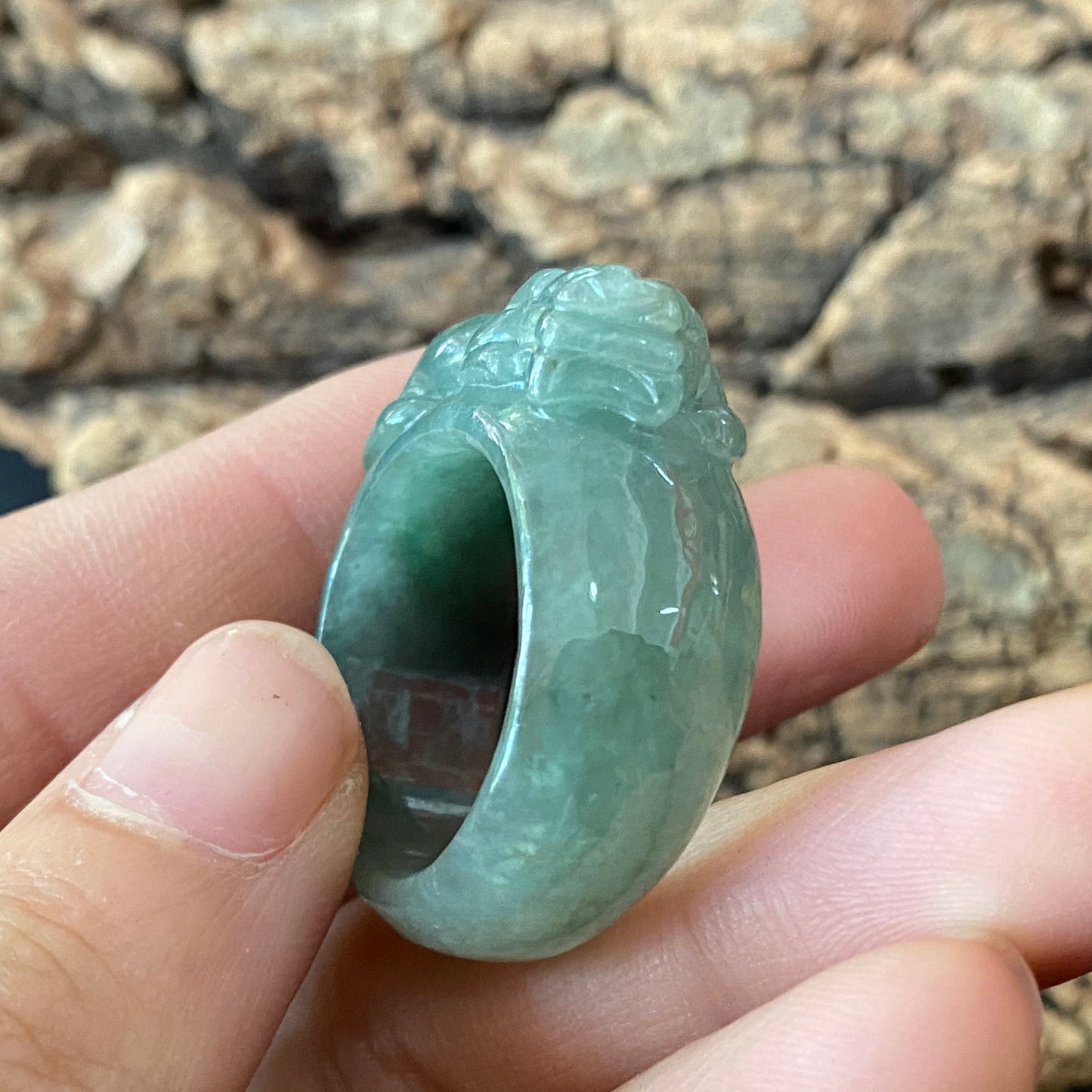 20.2mm Pixiu Natural transparent Green Jadeite wide rings Grade A Jade Burma jade gemstone men dragon jadeite ring