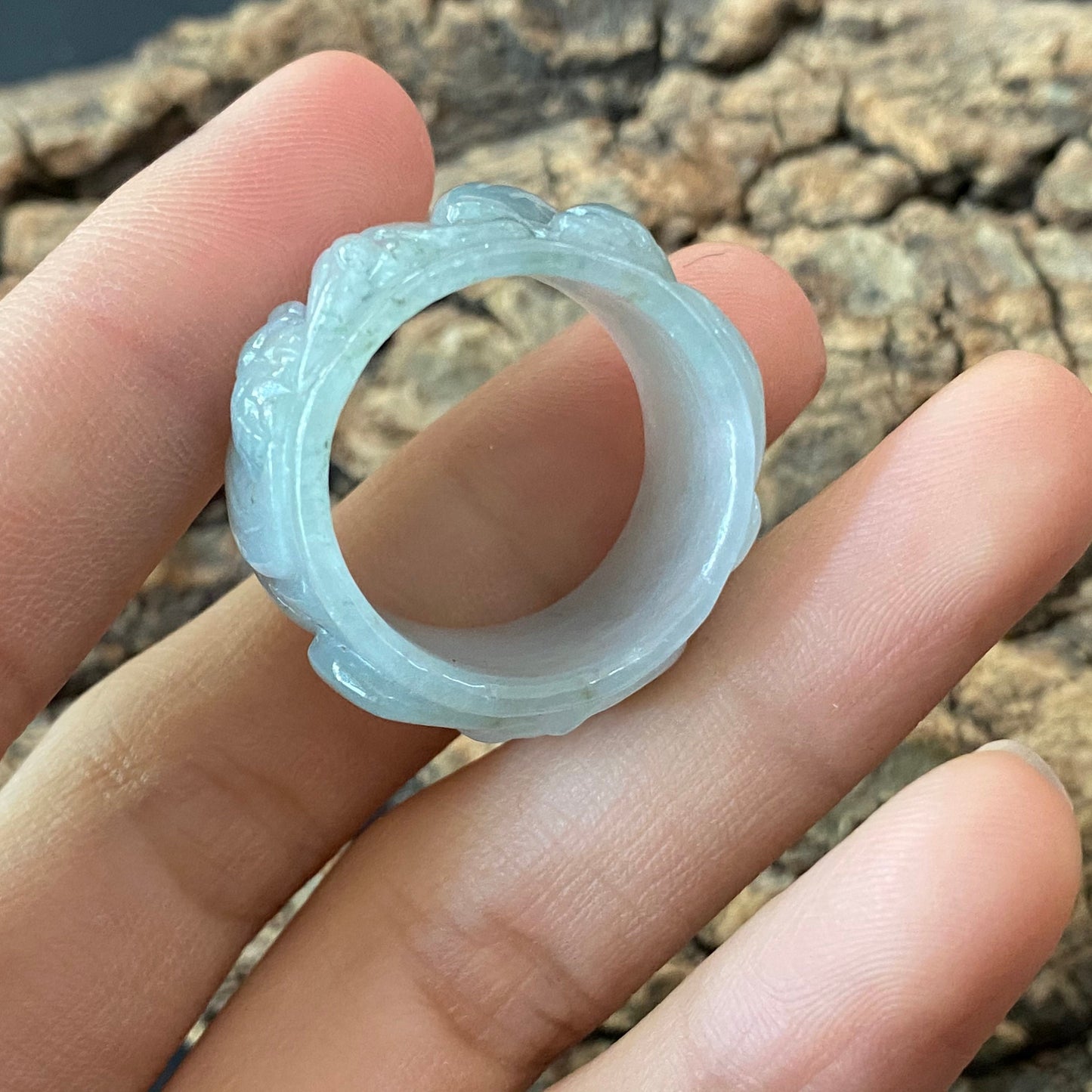 20.3mm Custom Carved Bat Grade A jade wide Band Ring Natural Burma Jadeite Hand carved bead gemstone Lady jadeware gift