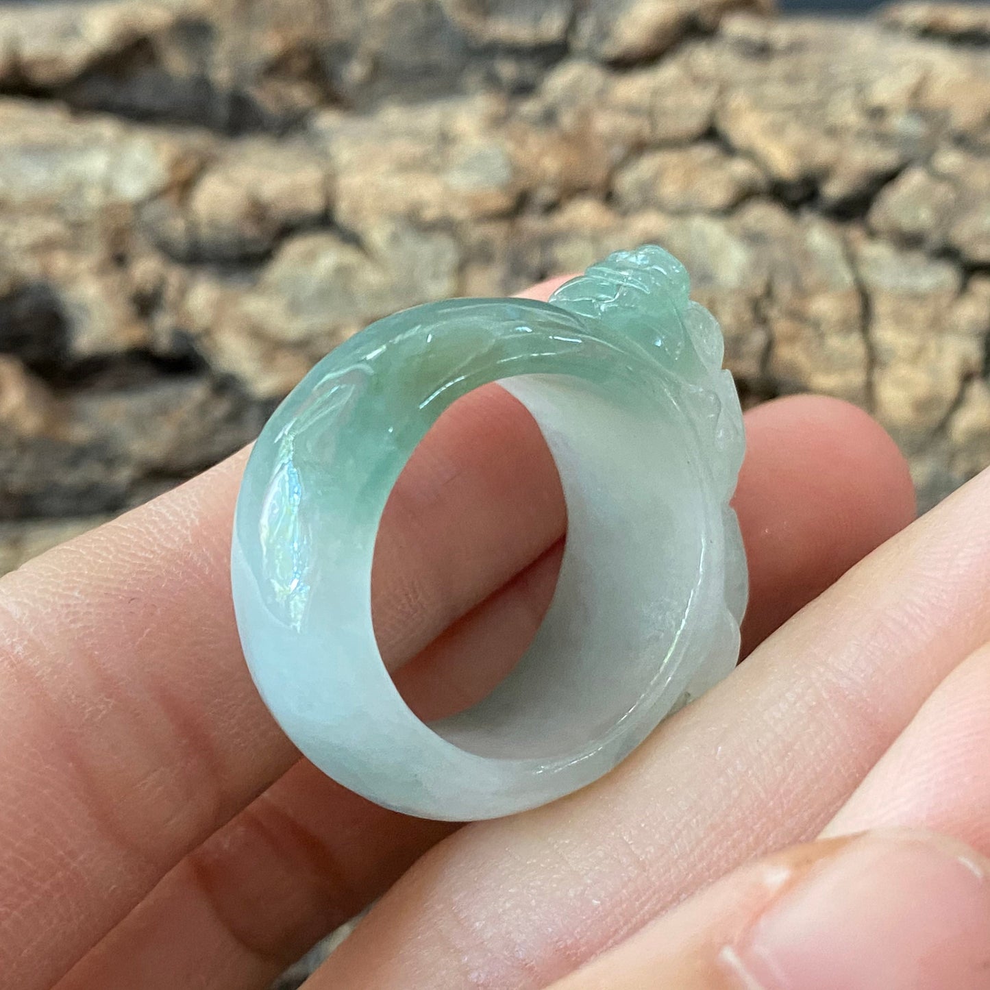 19.2mm Pixiu Natural transparent Green Jadeite wide rings Grade A Jade Burma jade gemstone men dragon jadeite ring