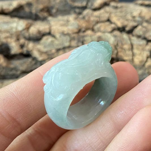 19.2mm Pixiu Natural transparent Green Jadeite wide rings Grade A Jade Burma jade gemstone men dragon jadeite ring