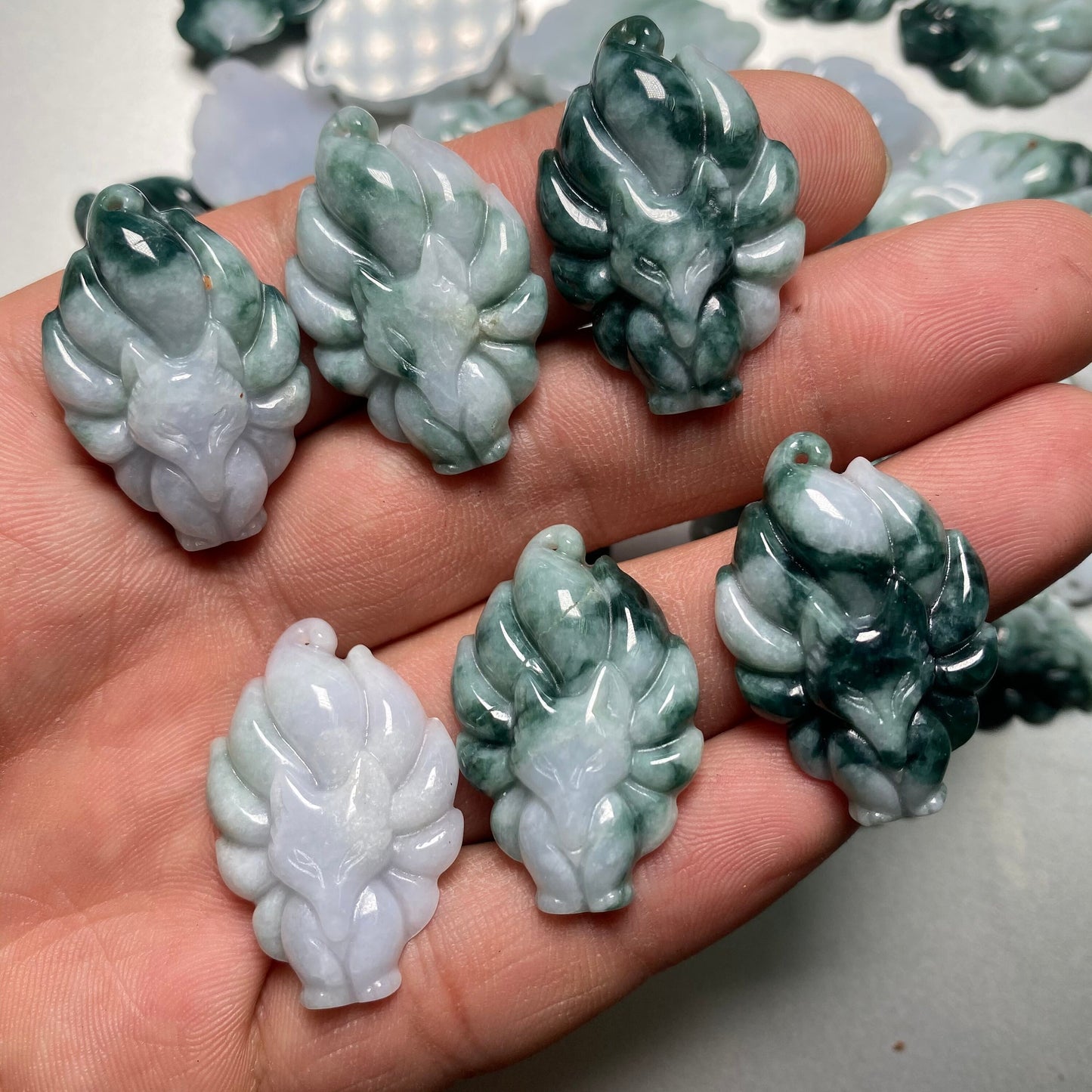 Nine-tailed fox Pendant Grade A jade Green Jade ICE Burma Jadeite Lucky cartoon beads Lady baby child necklace gift