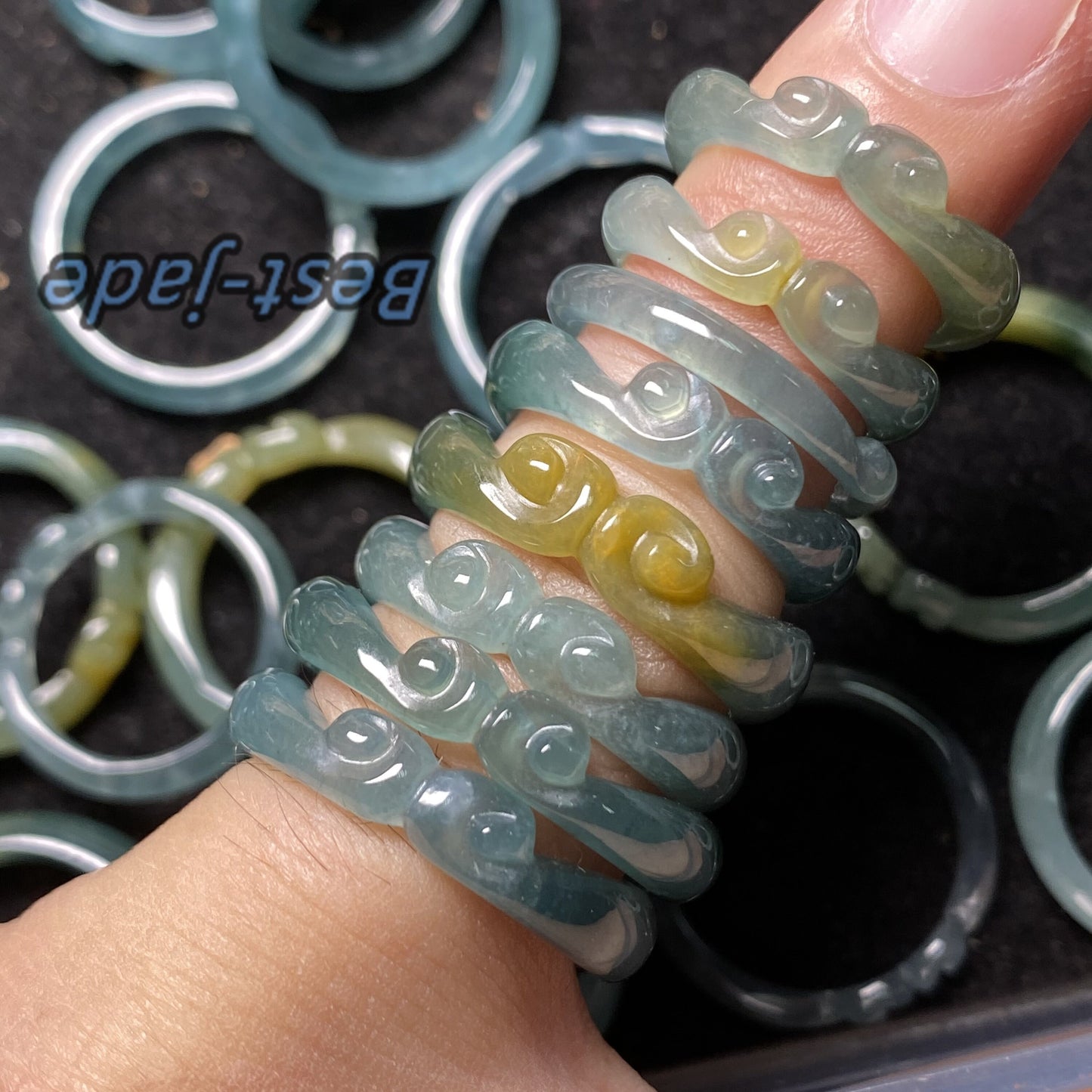 Wholesale Monkey King US Size 3-10 Natural Blue transparent Guatemala Jadeite Grade A Jade Sun Wukong ring Lady Guatemalan jadeite ring