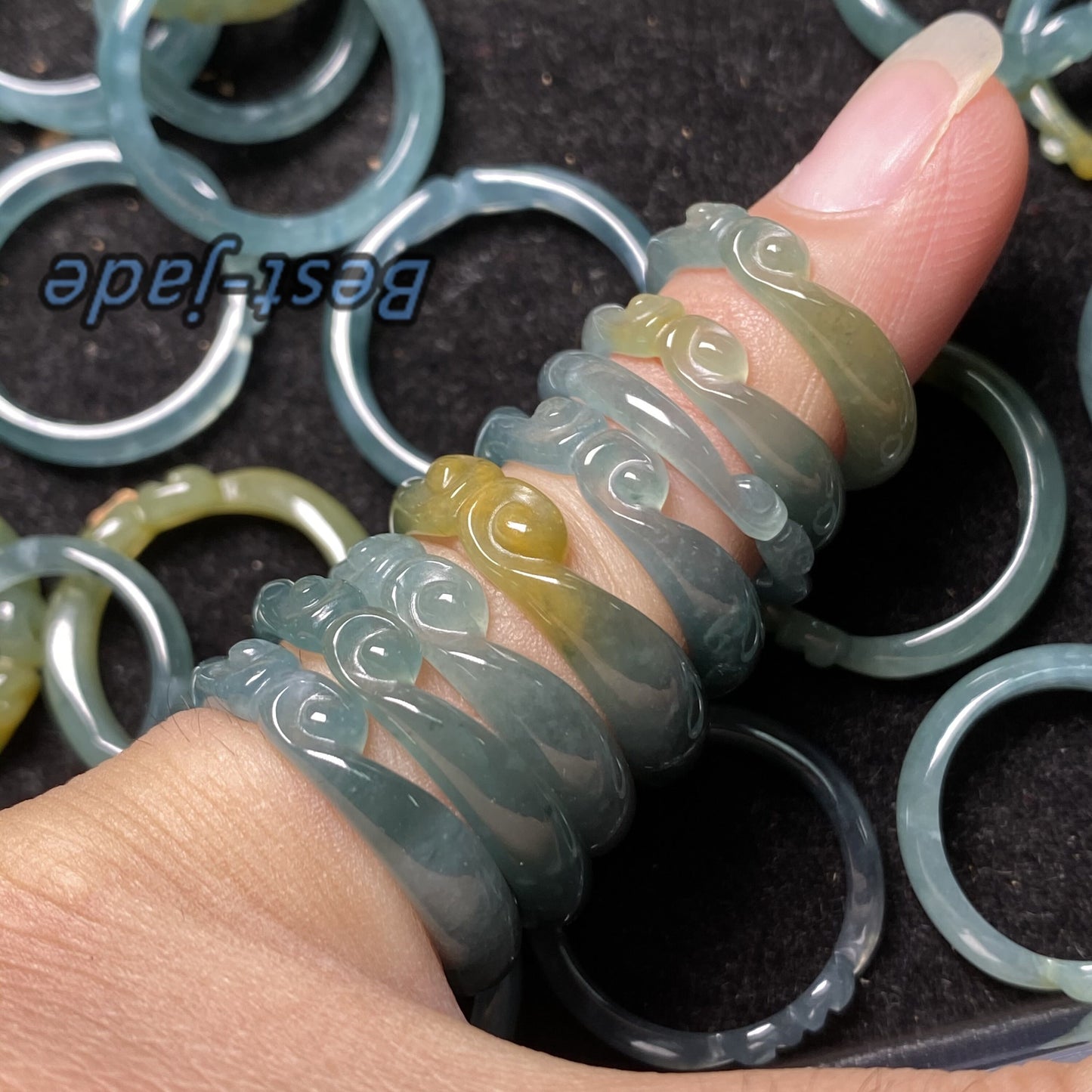 Wholesale Monkey King US Size 3-10 Natural Blue transparent Guatemala Jadeite Grade A Jade Sun Wukong ring Lady Guatemalan jadeite ring