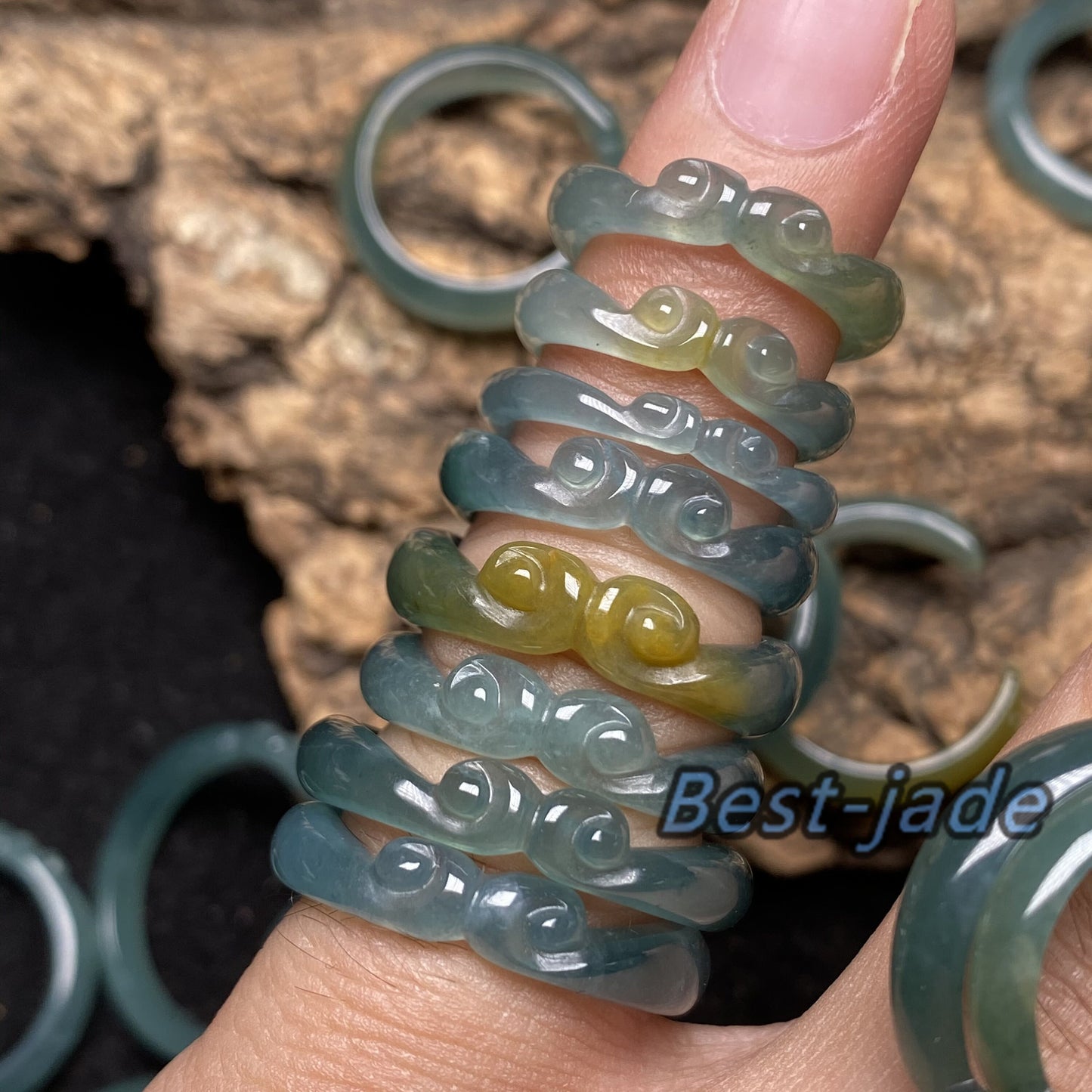 Wholesale Monkey King US Size 3-10 Natural Blue transparent Guatemala Jadeite Grade A Jade Sun Wukong ring Lady Guatemalan jadeite ring