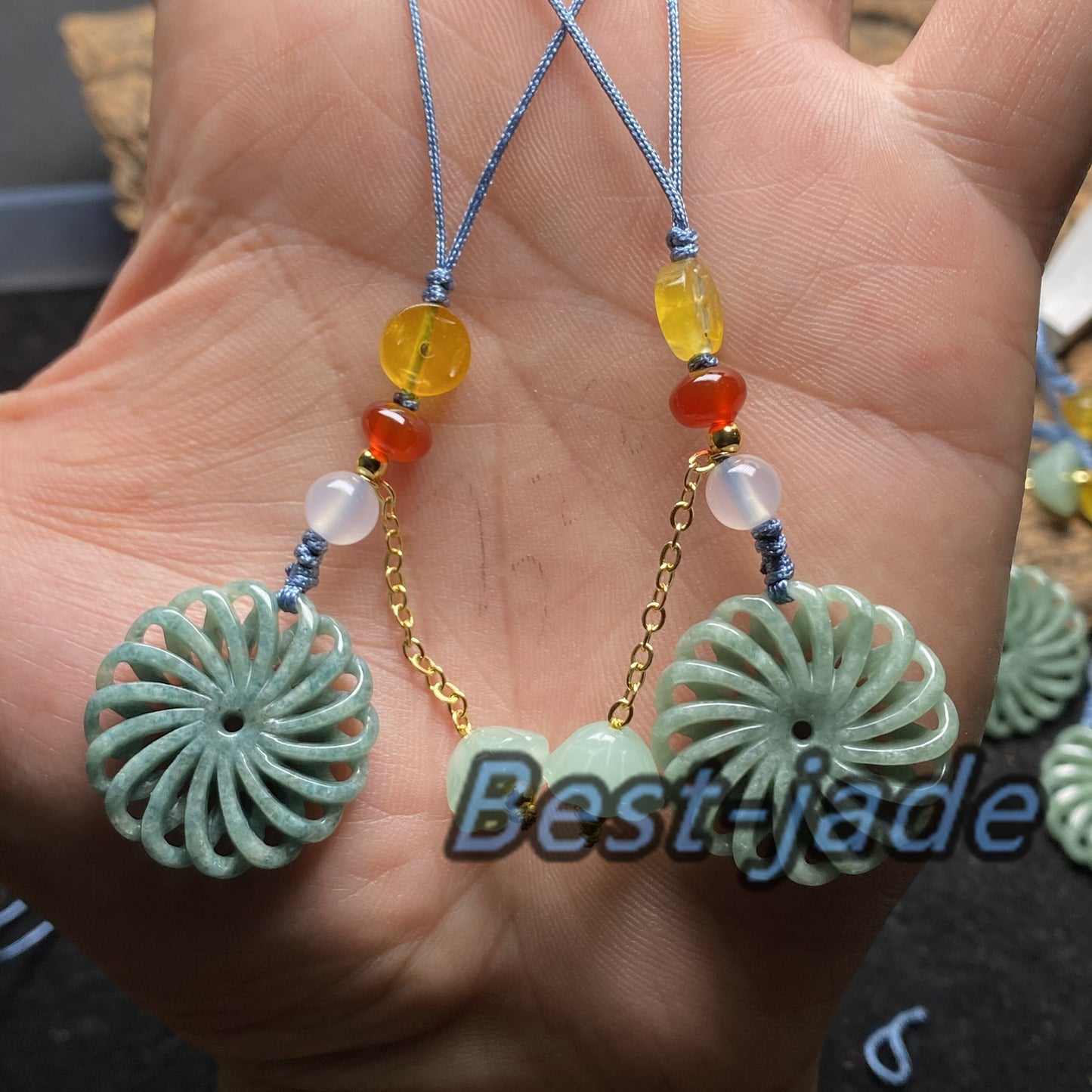 Wholesale hollow out flowers Phone Strap Grade A Jade Green jadeite Beads Flower Bag hanging pendant Type A jade Ice Myanmar Jadeite gift