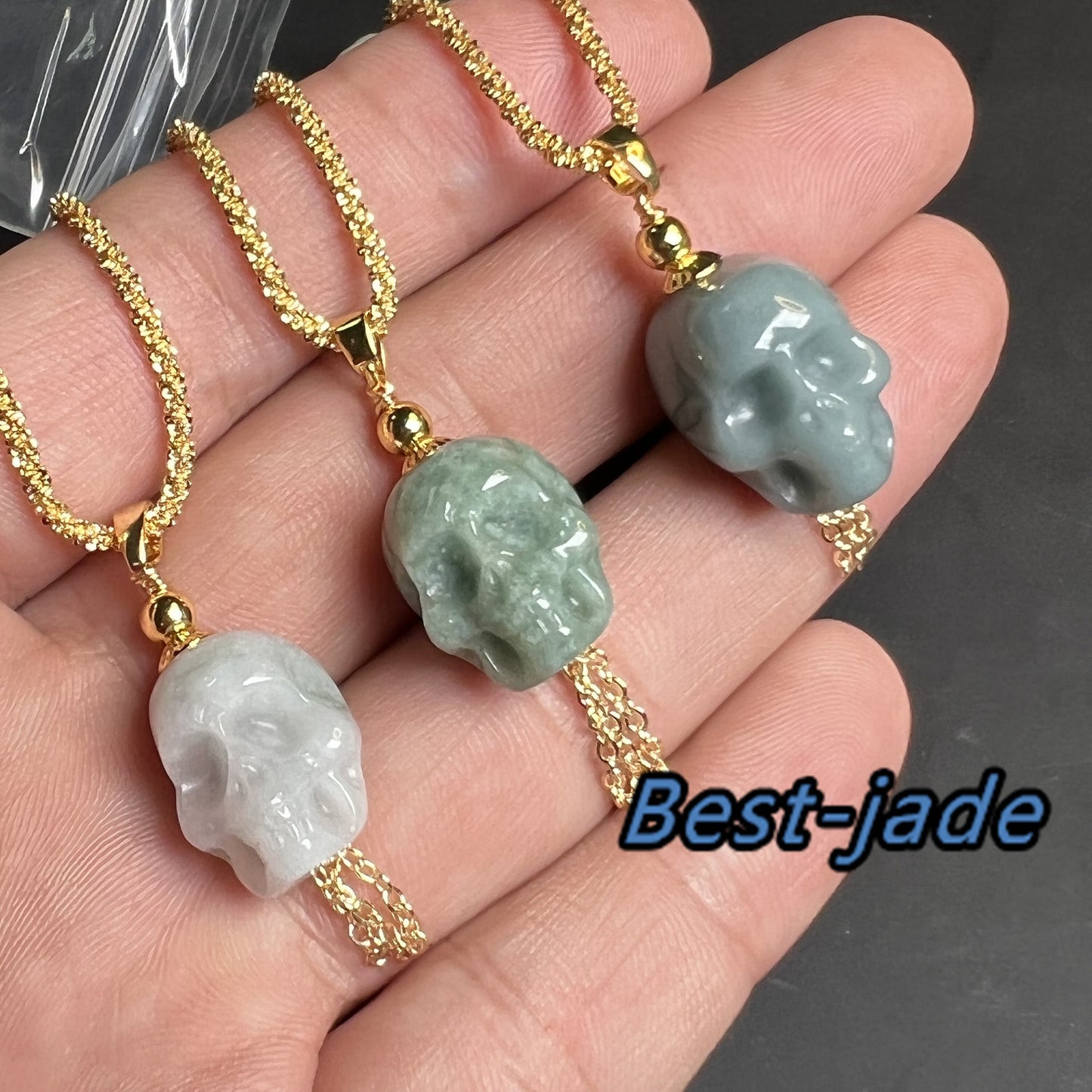 3Color Skull Shape Natural Jadeite Green jade pendant Blue Grade A jade Beads Burma White Jade Halloween Presents14k gold plated bail gift