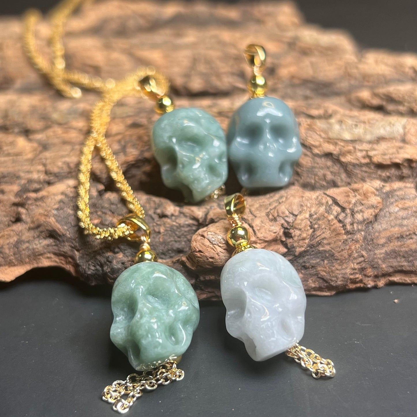 3Color Skull Shape Natural Jadeite Green jade pendant Blue Grade A jade Beads Burma White Jade Halloween Presents14k gold plated bail gift