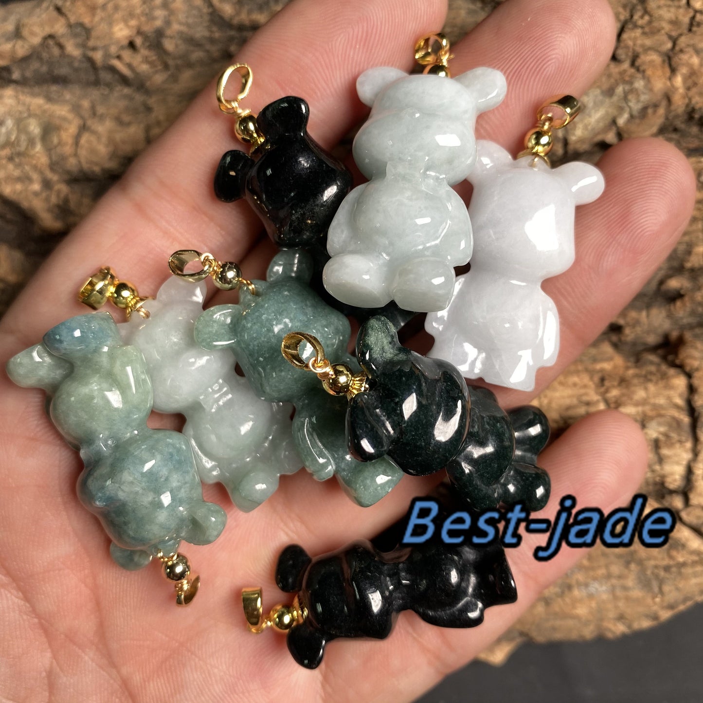 Bär Anhänger Natur Grün Grade A Jade Burma Jadeit 3D Cartoon Ohrringe 14k vergoldet Bügel schwarze Jade Geburtstag Jade Geschenk