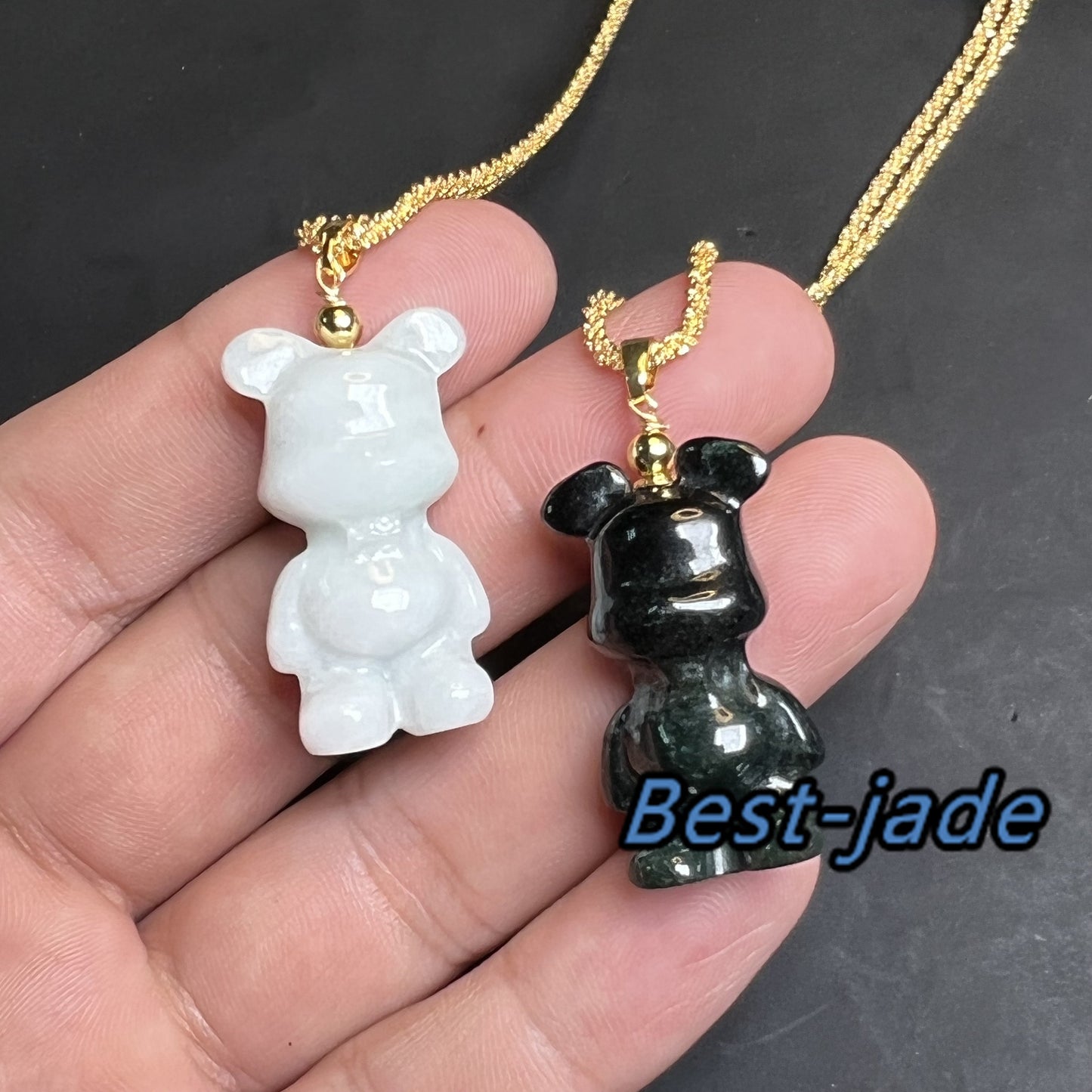 Bär Anhänger Natur Grün Grade A Jade Burma Jadeit 3D Cartoon Ohrringe 14k vergoldet Bügel schwarze Jade Geburtstag Jade Geschenk