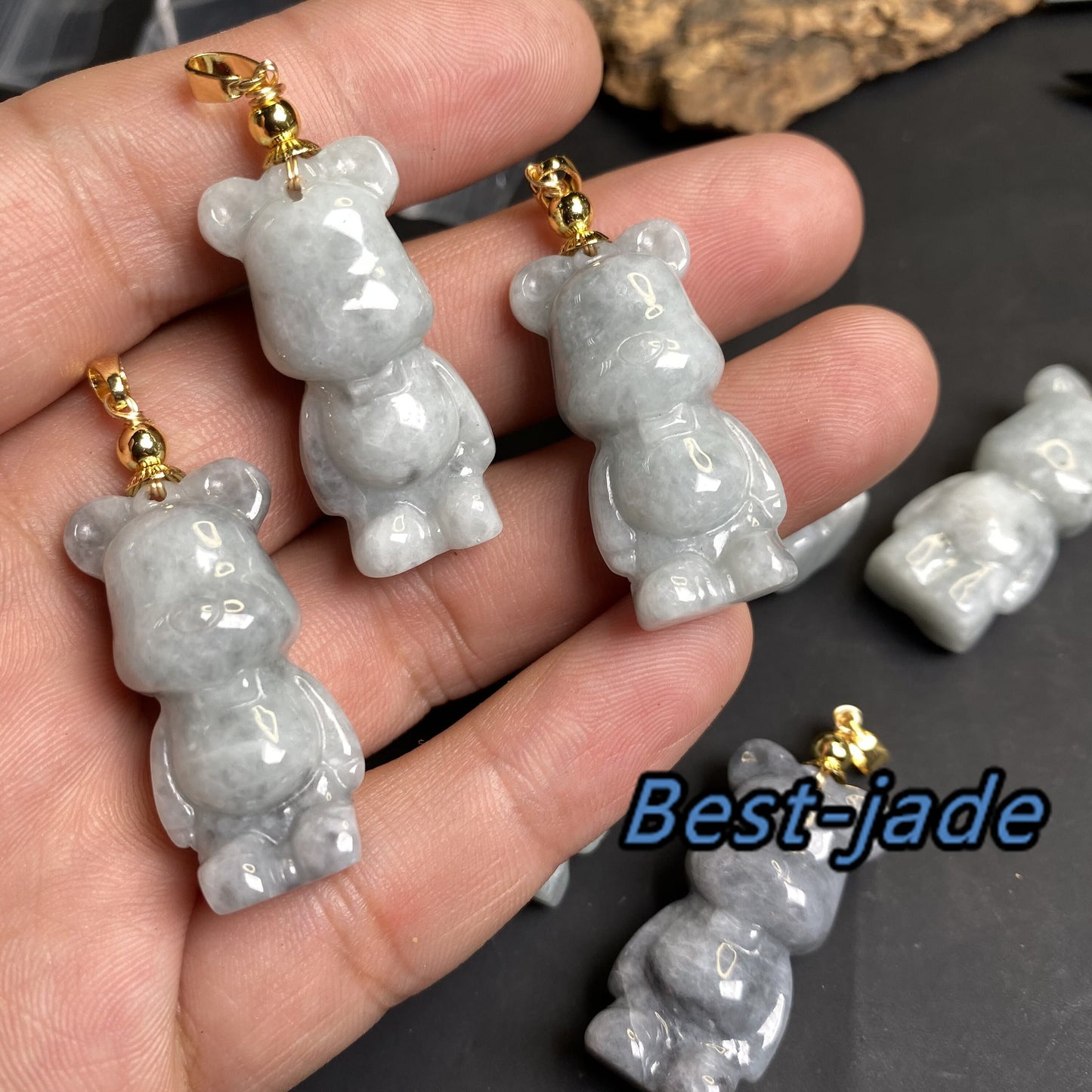 Cute Bear Natural Gray Grade A Jade White Jadeite 3d cartoon earrings  bead hand Carved 14K gold plated bail Pendant necklace jade gift