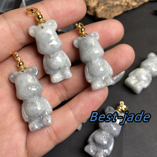 Cute Bear Natural Gray Grade A Jade White Jadeite 3d cartoon earrings  bead hand Carved 14K gold plated bail Pendant necklace jade gift