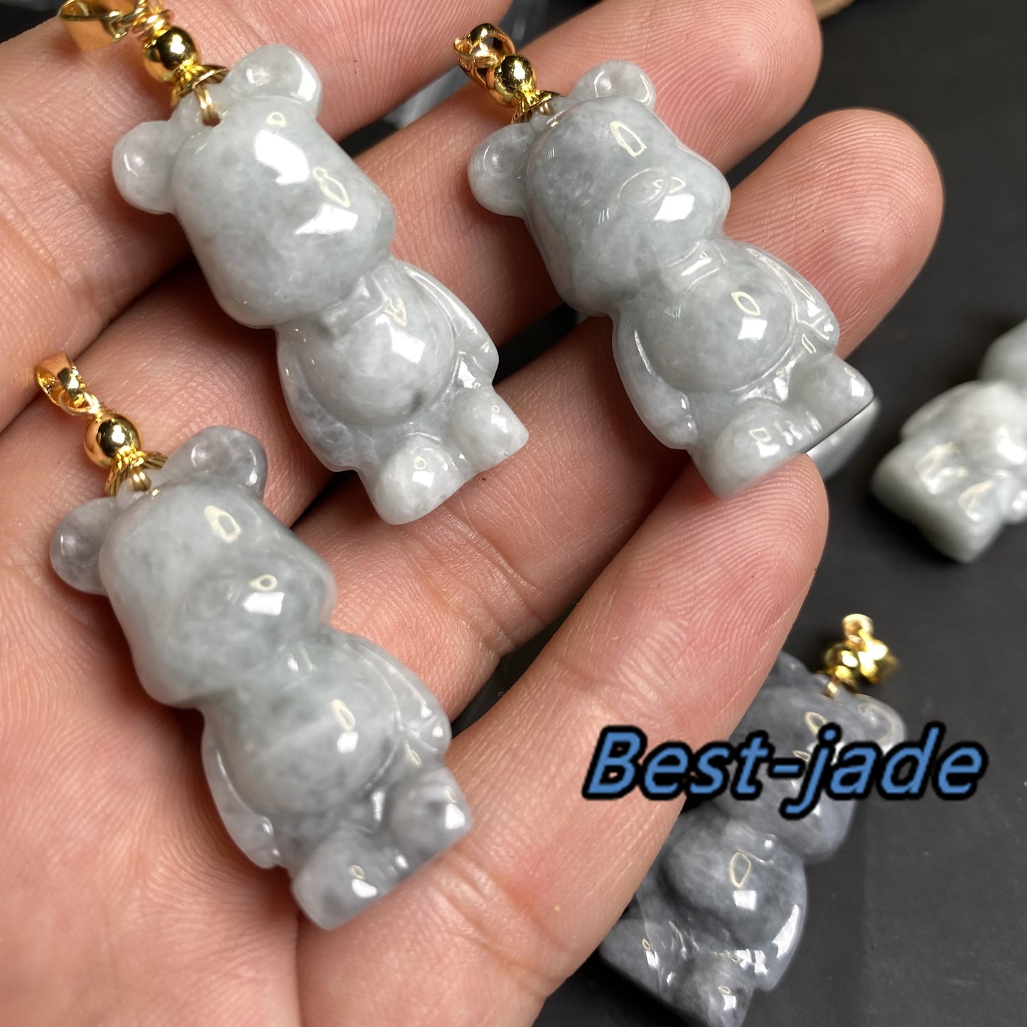 Cute Bear Natural Gray Grade A Jade White Jadeite 3d cartoon earrings  bead hand Carved 14K gold plated bail Pendant necklace jade gift