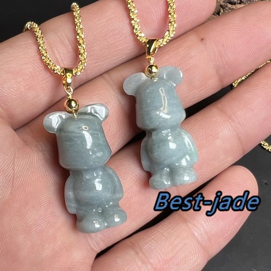 Niedlicher Bär Natur Blau Grade A Jade Jadeit 3D Cartoon Ohrringe Perle handgeschnitzt 14K vergoldet Öse Anhänger Halskette Jade Geschenk