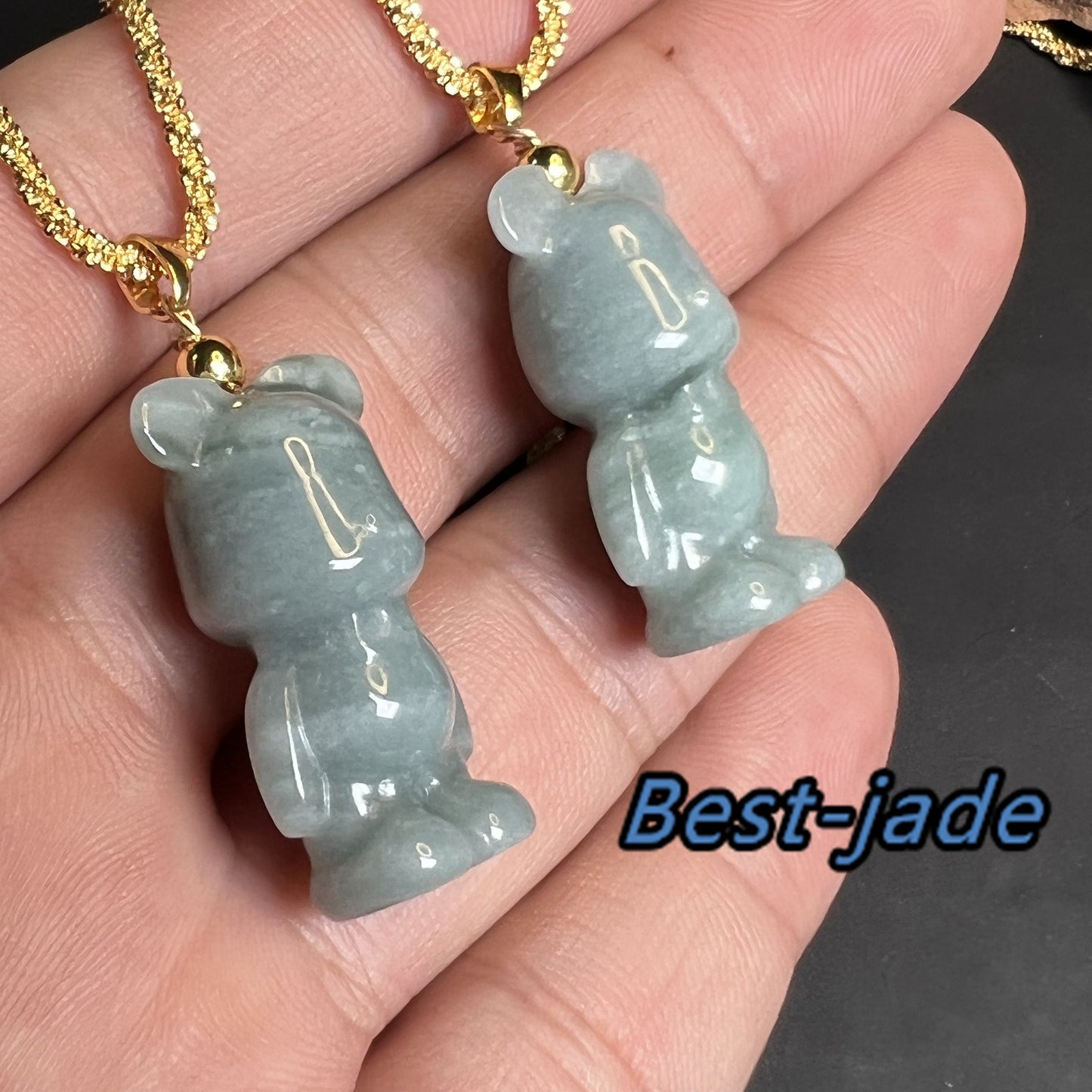 Niedlicher Bär Natur Blau Grade A Jade Jadeit 3D Cartoon Ohrringe Perle handgeschnitzt 14K vergoldet Öse Anhänger Halskette Jade Geschenk