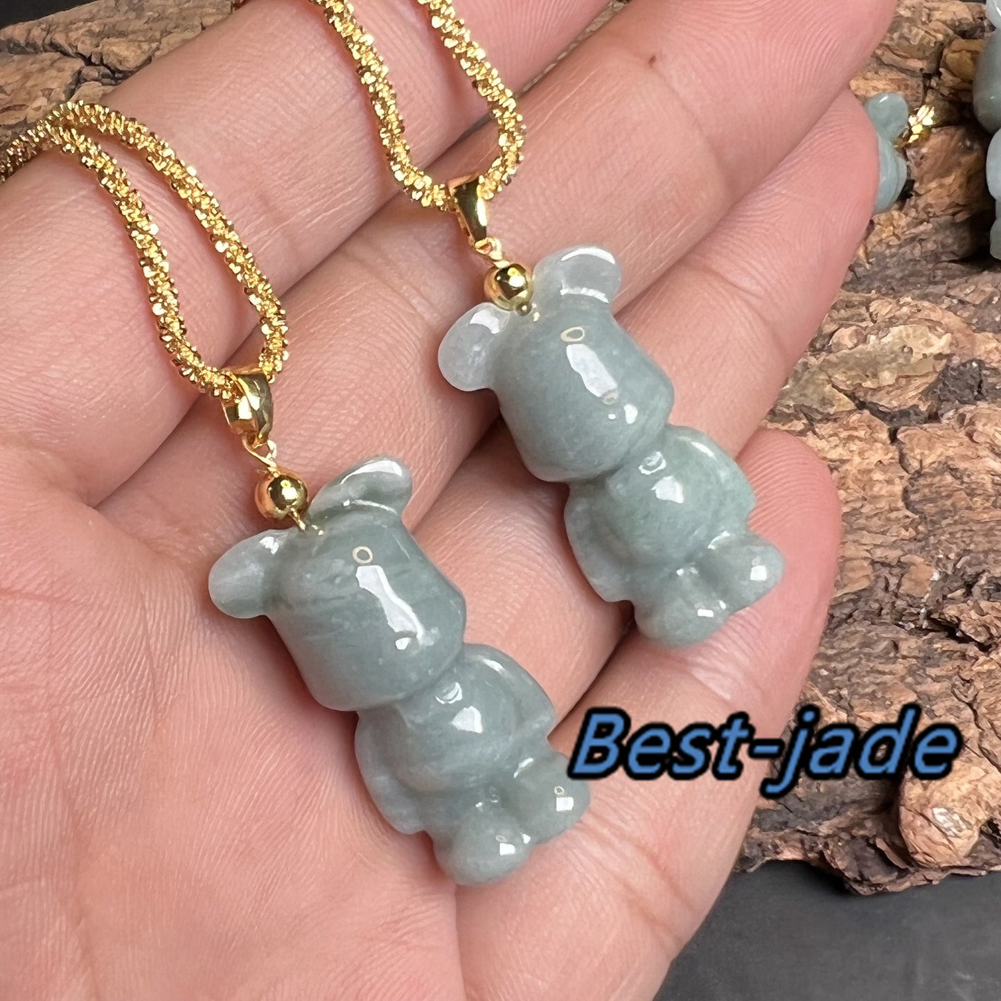 Niedlicher Bär Natur Blau Grade A Jade Jadeit 3D Cartoon Ohrringe Perle handgeschnitzt 14K vergoldet Öse Anhänger Halskette Jade Geschenk