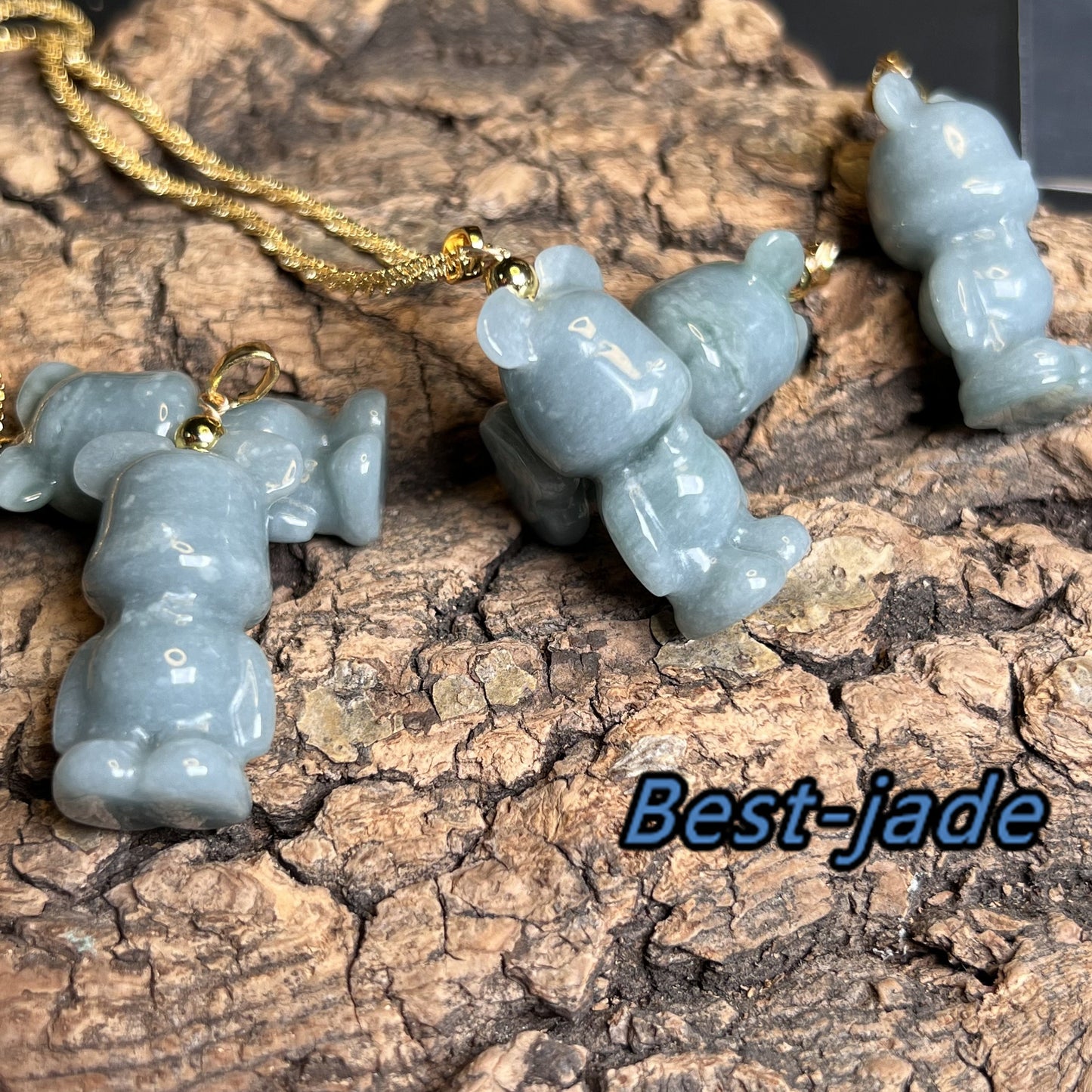 Niedlicher Bär Natur Blau Grade A Jade Jadeit 3D Cartoon Ohrringe Perle handgeschnitzt 14K vergoldet Öse Anhänger Halskette Jade Geschenk