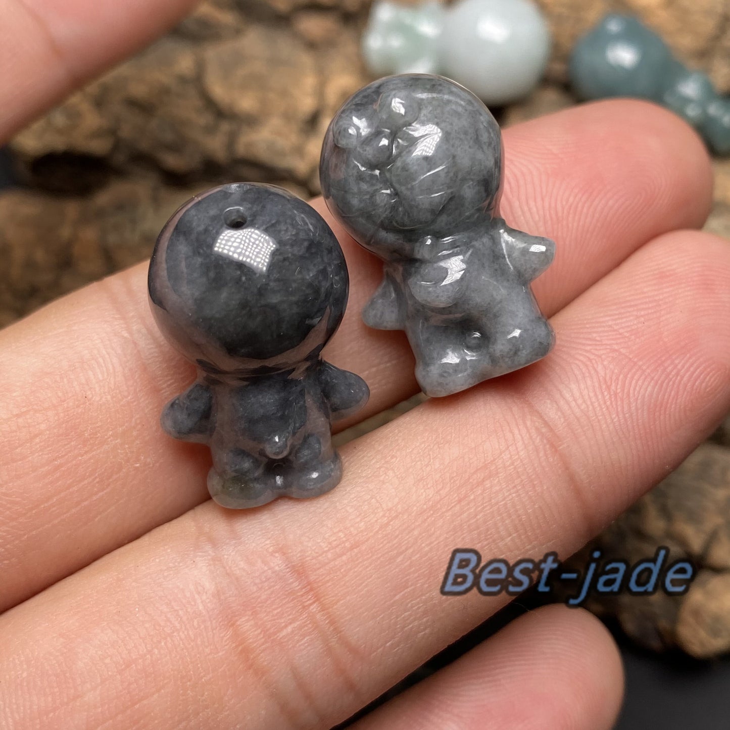 Doraemon Natural White Black Blue Grade A Jade  Jadeite 3d cartoon earrings  bead hand Carved Myanmar jade Pendant necklace jade gift