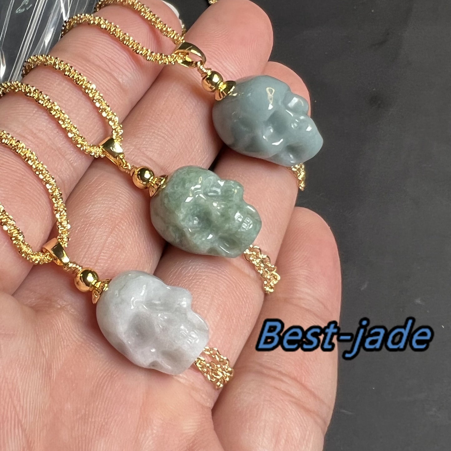 3Color Skull Shape Natural Jadeite Green jade pendant Blue Grade A jade Beads Burma White Jade Halloween Presents14k gold plated bail gift