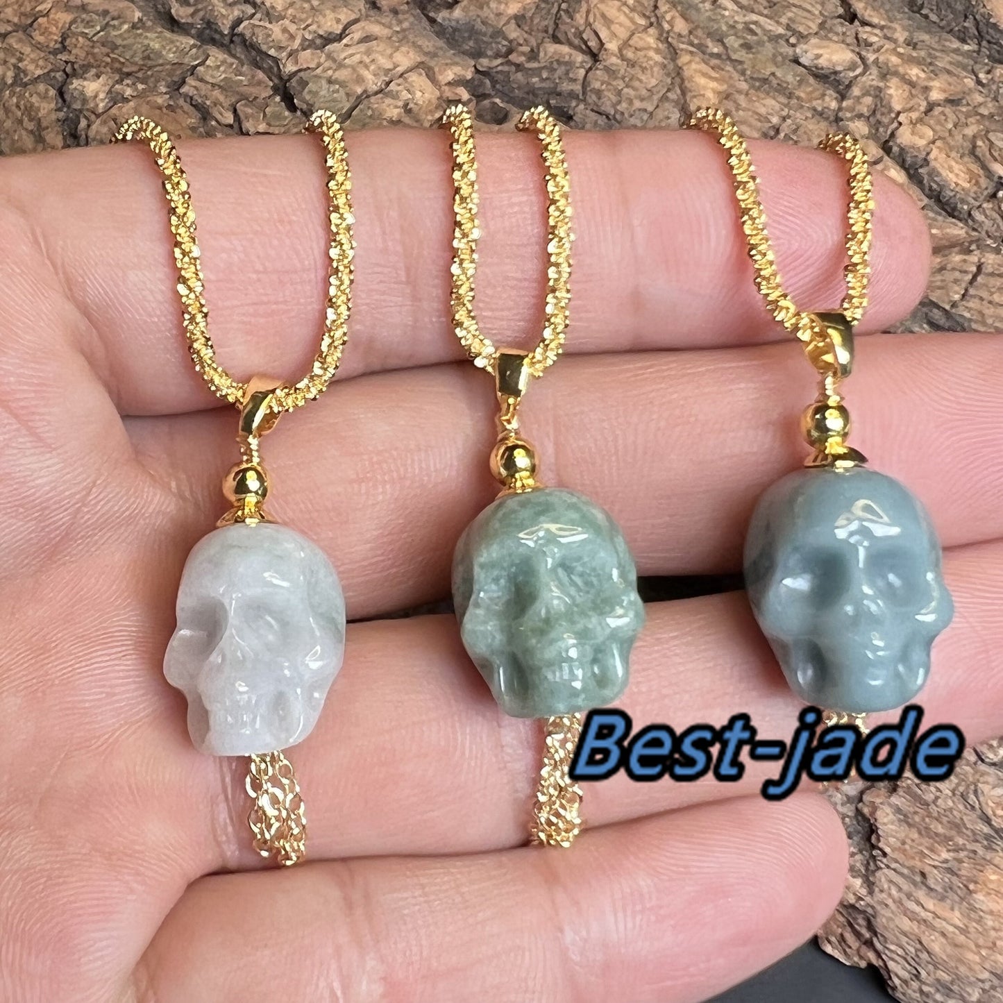 3Color Skull Shape Natural Jadeite Green jade pendant Blue Grade A jade Beads Burma White Jade Halloween Presents14k gold plated bail gift