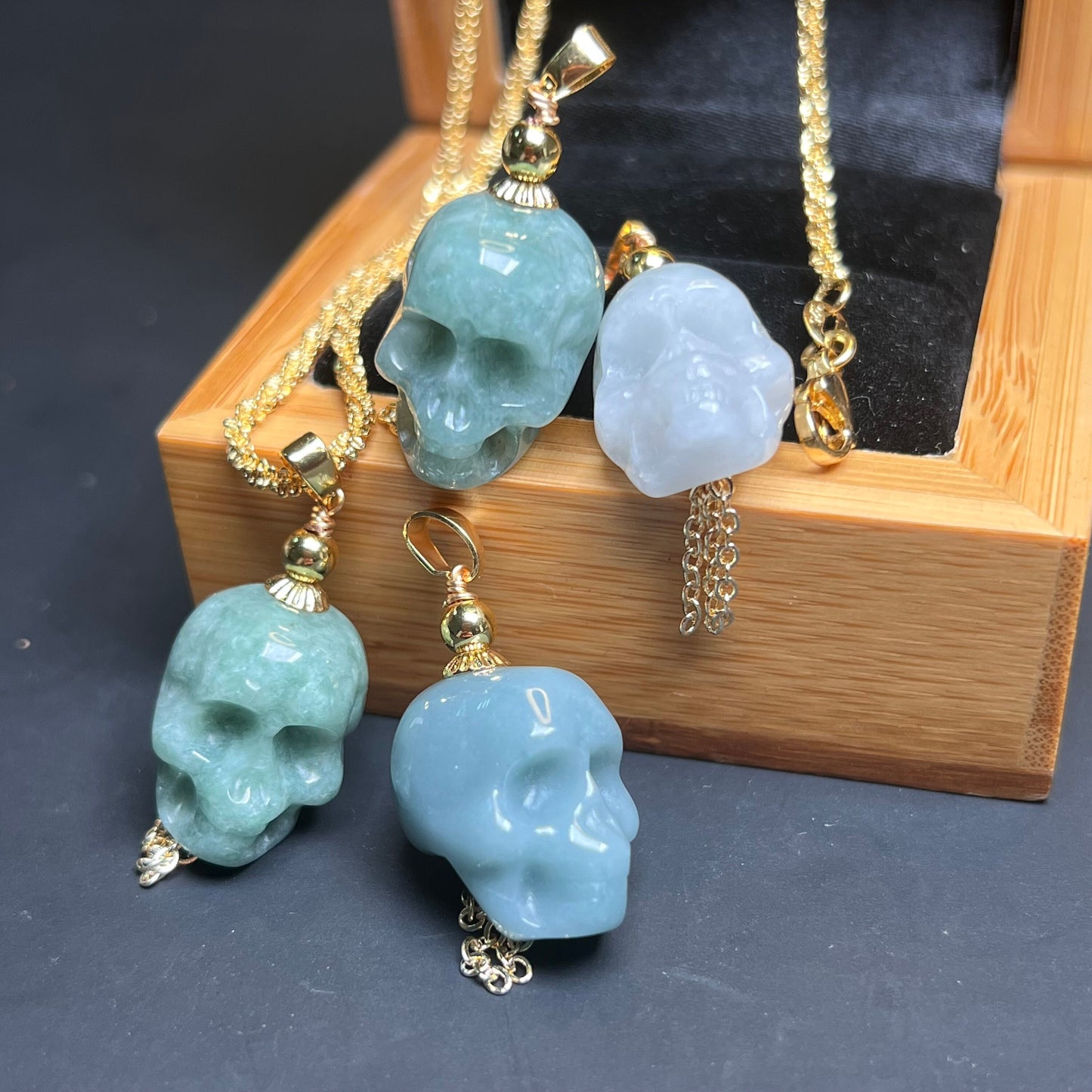 3Color Skull Shape Natural Jadeite Green jade pendant Blue Grade A jade Beads Burma White Jade Halloween Presents14k gold plated bail gift