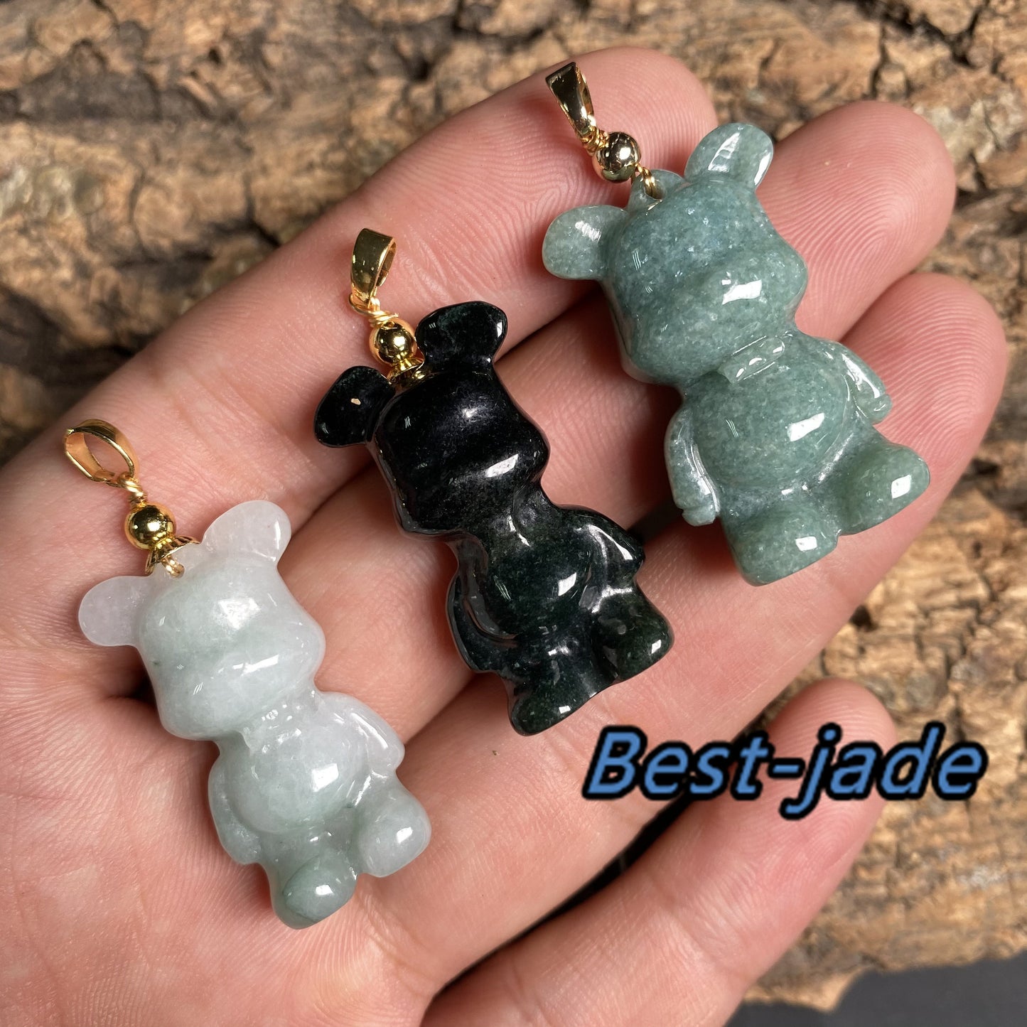 Bär Anhänger Natur Grün Grade A Jade Burma Jadeit 3D Cartoon Ohrringe 14k vergoldet Bügel schwarze Jade Geburtstag Jade Geschenk