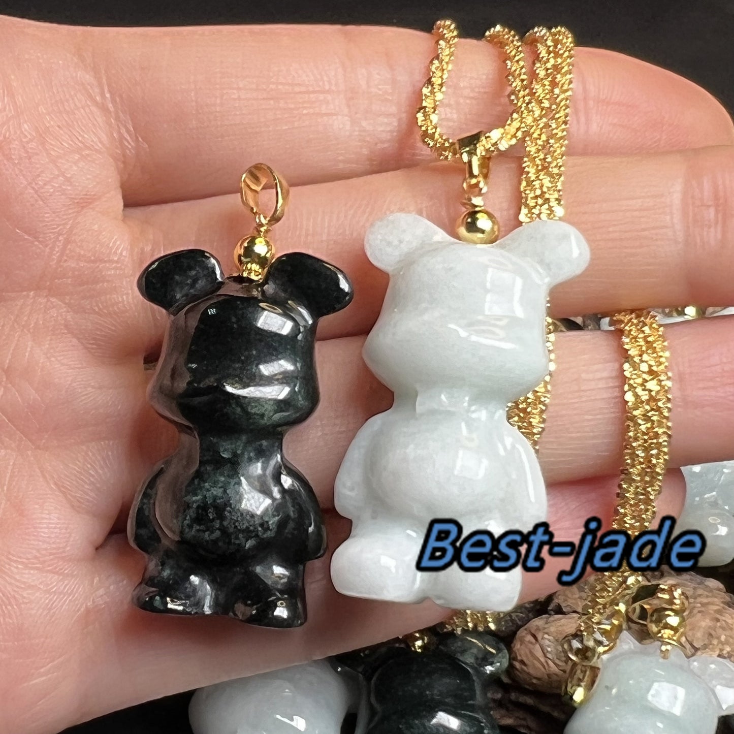 Bär Anhänger Natur Grün Grade A Jade Burma Jadeit 3D Cartoon Ohrringe 14k vergoldet Bügel schwarze Jade Geburtstag Jade Geschenk