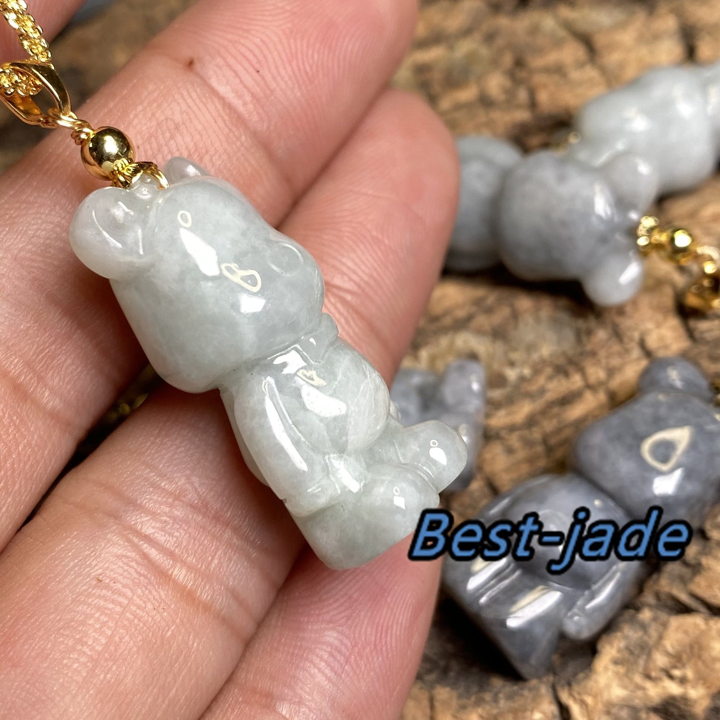 Cute Bear Natural Gray Grade A Jade White Jadeite 3d cartoon earrings  bead hand Carved 14K gold plated bail Pendant necklace jade gift