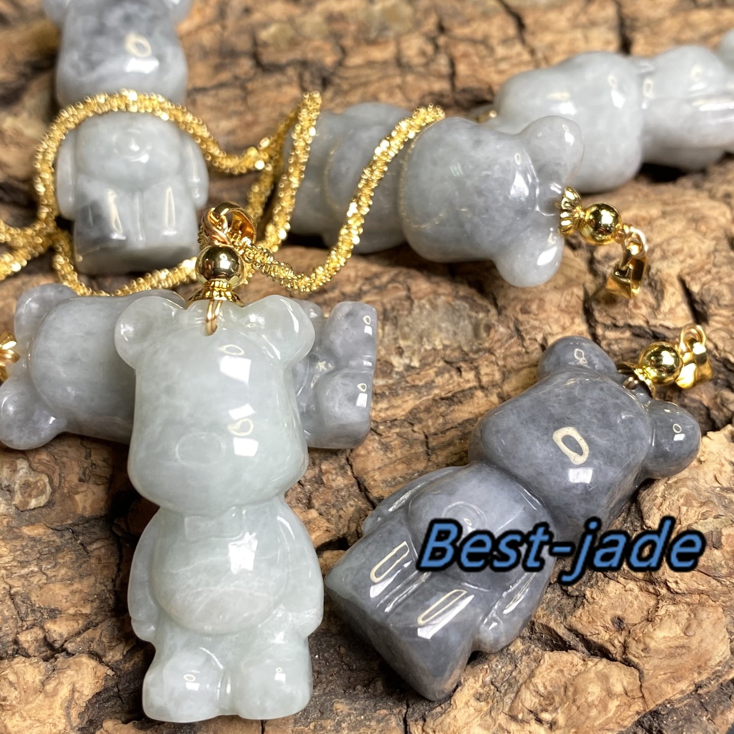 Cute Bear Natural Gray Grade A Jade White Jadeite 3d cartoon earrings  bead hand Carved 14K gold plated bail Pendant necklace jade gift