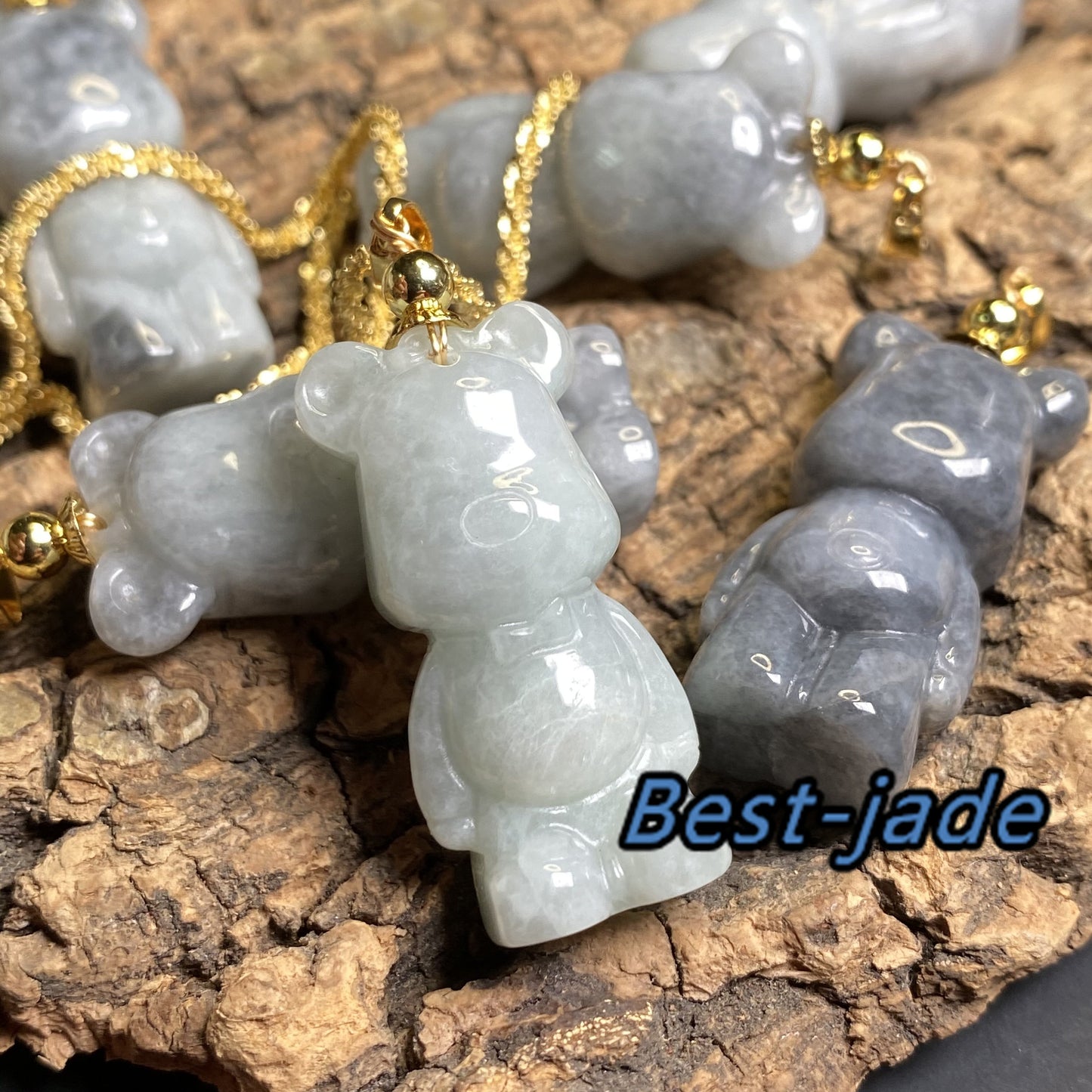 Cute Bear Natural Gray Grade A Jade White Jadeite 3d cartoon earrings  bead hand Carved 14K gold plated bail Pendant necklace jade gift