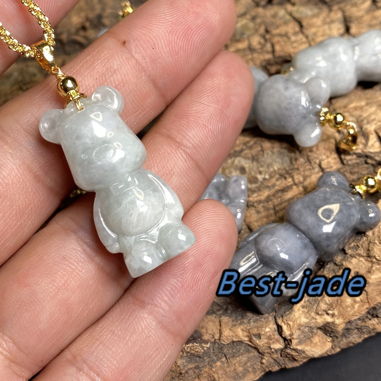 Cute Bear Natural Gray Grade A Jade White Jadeite 3d cartoon earrings  bead hand Carved 14K gold plated bail Pendant necklace jade gift