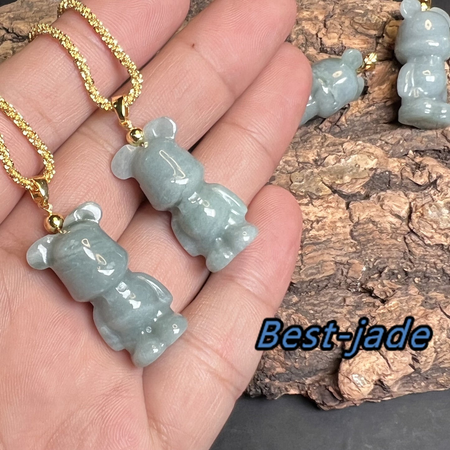 Niedlicher Bär Natur Blau Grade A Jade Jadeit 3D Cartoon Ohrringe Perle handgeschnitzt 14K vergoldet Öse Anhänger Halskette Jade Geschenk