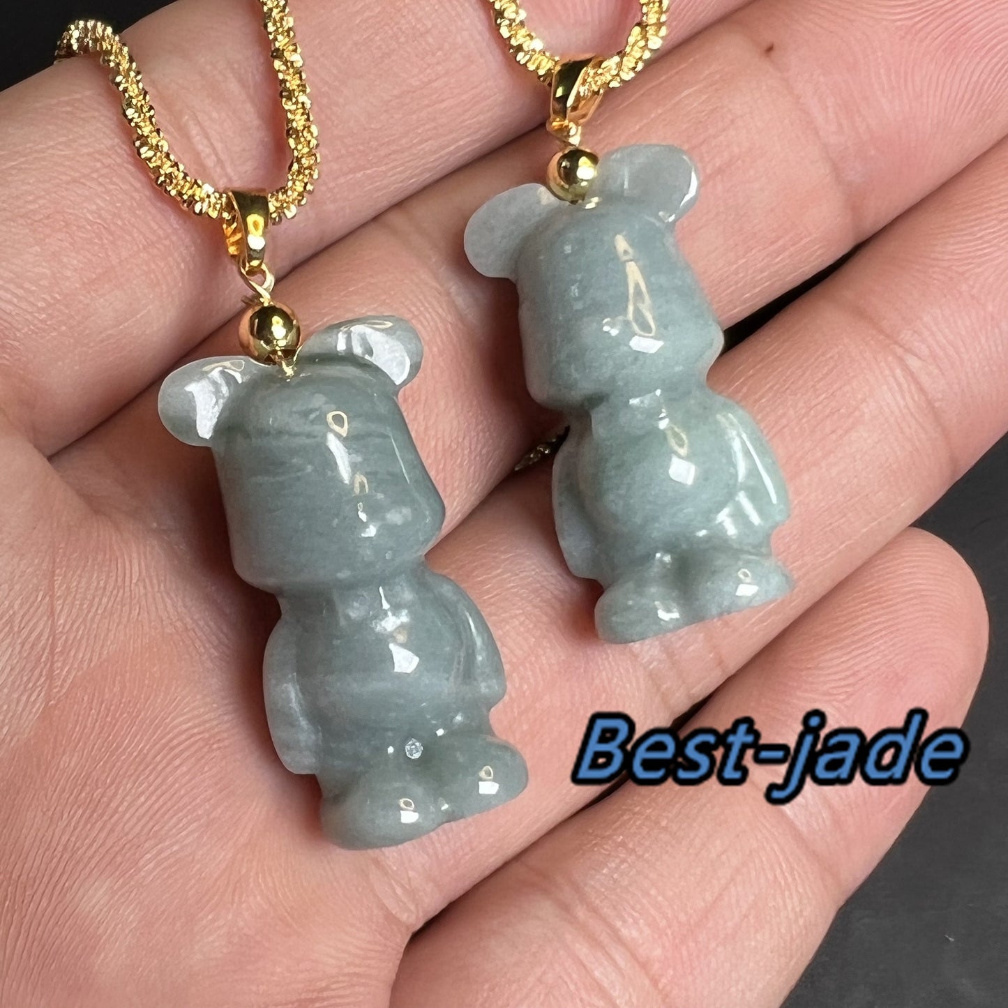 Niedlicher Bär Natur Blau Grade A Jade Jadeit 3D Cartoon Ohrringe Perle handgeschnitzt 14K vergoldet Öse Anhänger Halskette Jade Geschenk