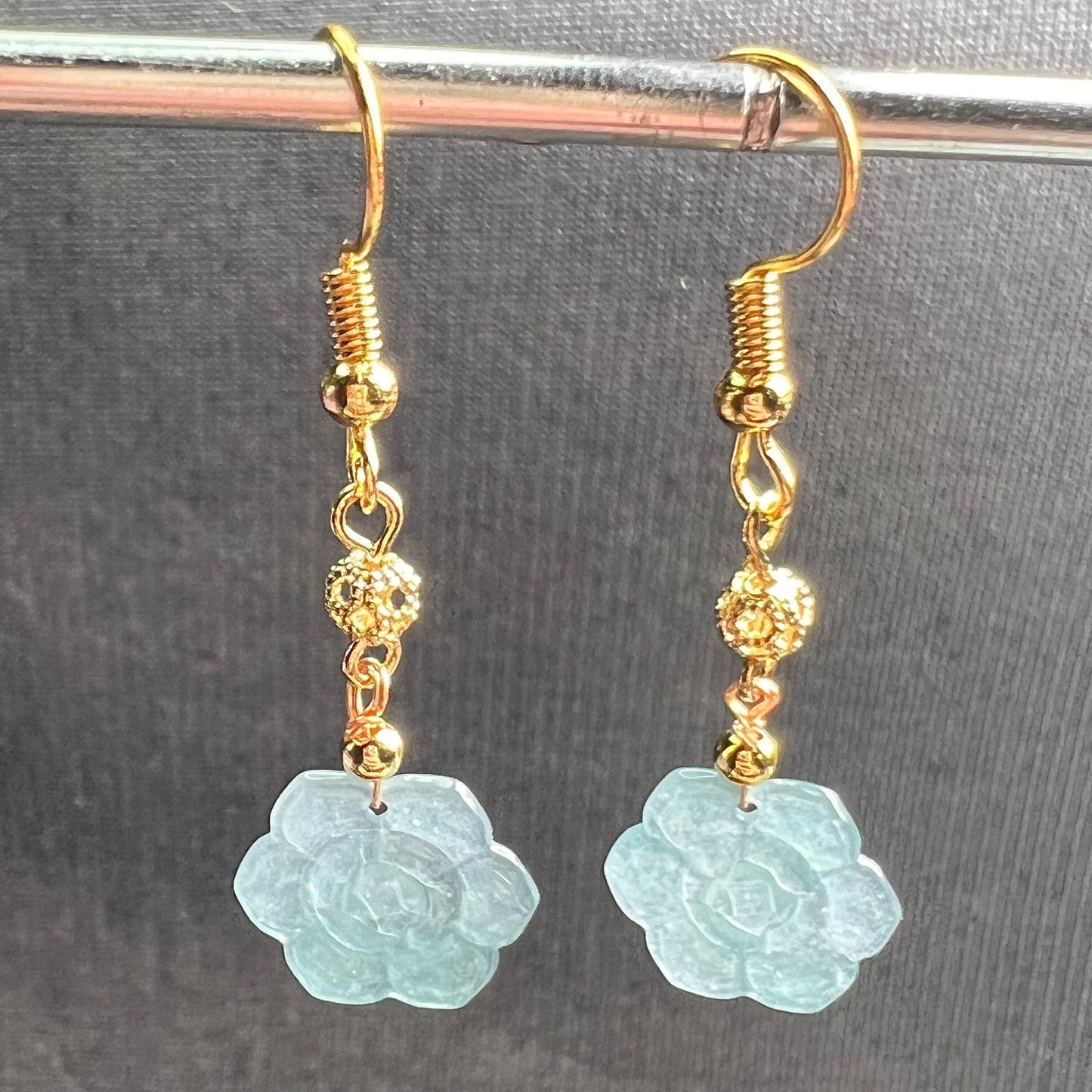 Natural jadeite Flower eardrop jade Earrings with gold plated bail  Burma Jade Grade A jade earbob jade bead Earring Jewelry gift for her